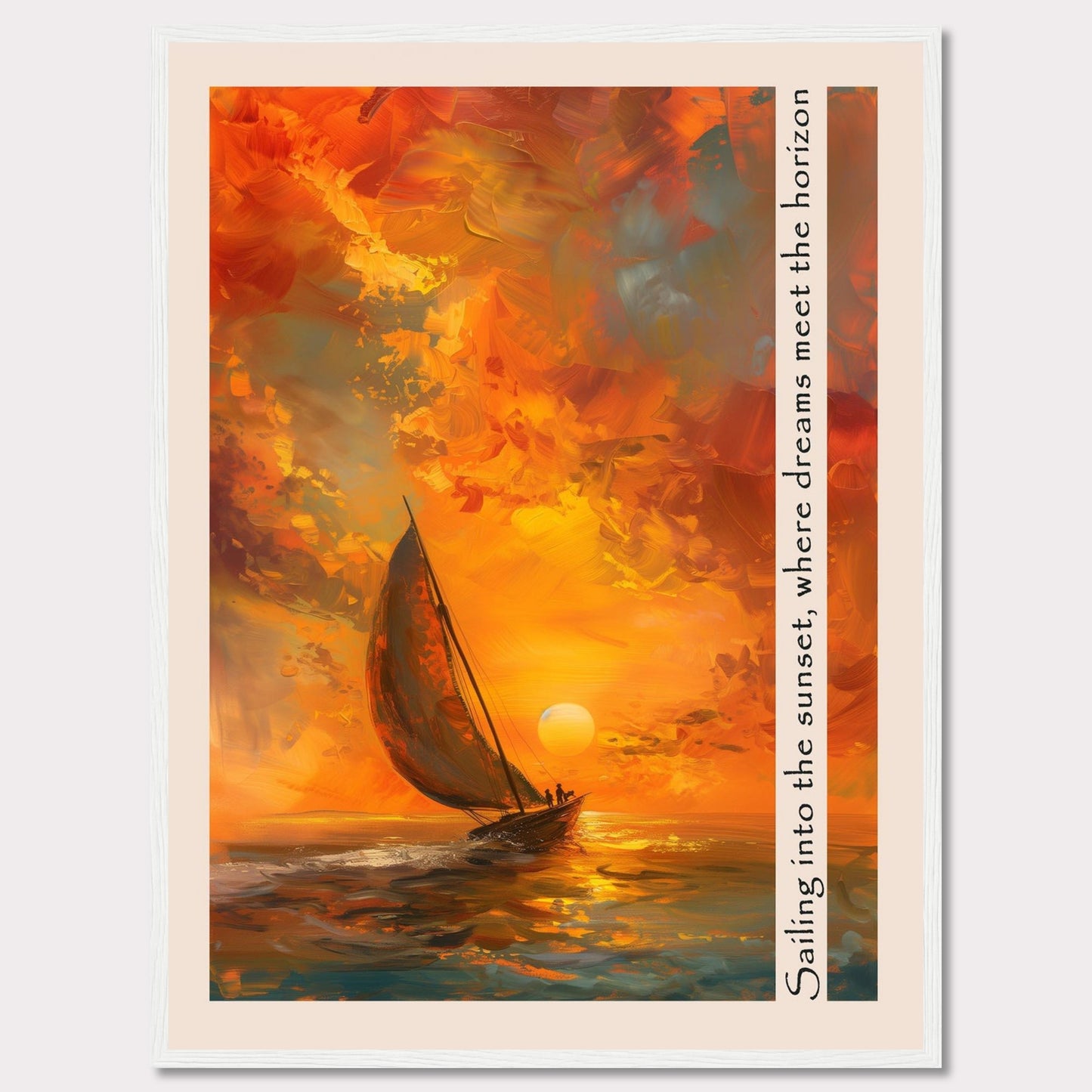 This captivating artwork depicts a sailboat gliding through the vibrant hues of a sunset, where the sky meets the sea in a harmonious blend of colors. The painting's warm tones evoke a sense of tranquility and adventure.