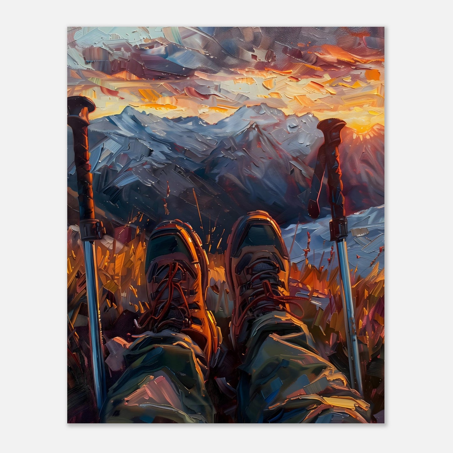 This illustration depicts a serene mountain landscape at sunset, viewed from the perspective of a hiker resting with their legs stretched out.