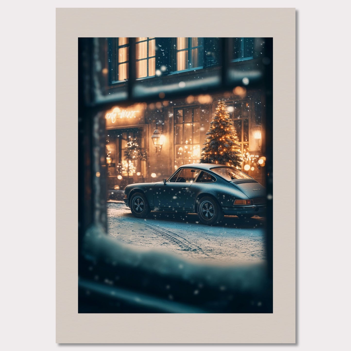 This cozy holiday poster captures a snowy Christmas evening, viewed through a frosty window. The glowing lights of a festive tree and a classic vintage car set the stage for a warm, nostalgic celebration. The snowflakes gently falling add magic to the enchanting alpine village atmosphere.