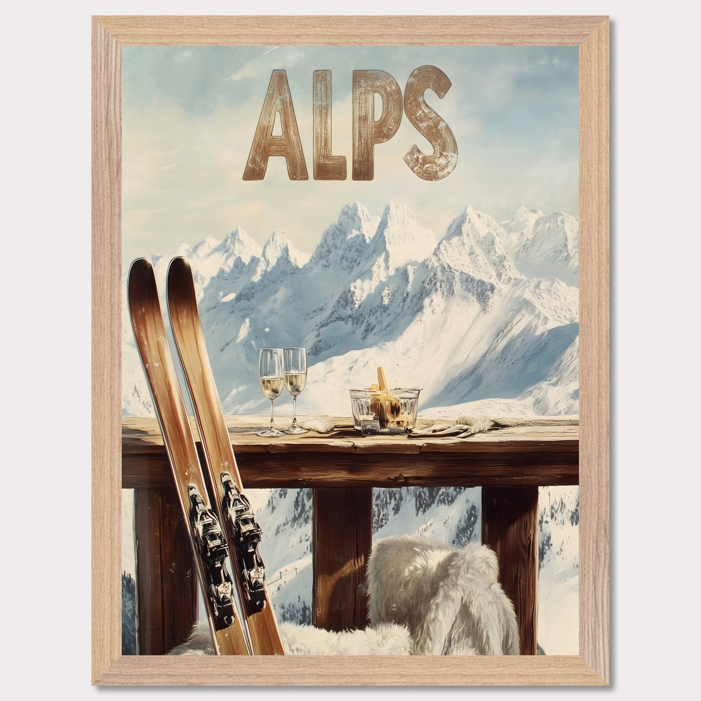 This vibrant poster captures the charm of après-ski culture with a rustic wooden terrace overlooking snow-covered mountains. The warm textures of fur throws and the elegant wine glasses create an inviting post-ski ambiance.