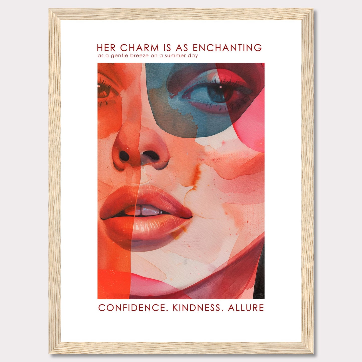 This captivating artwork features a vibrant and abstract portrait of a woman's face, blending warm and cool tones seamlessly. The text at the top reads, "HER CHARM IS AS ENCHANTING as a gentle breeze on a summer day," and at the bottom, it emphasizes "CONFIDENCE. KINDNESS. ALLURE." The image evokes a sense of elegance, mystery, and strength.