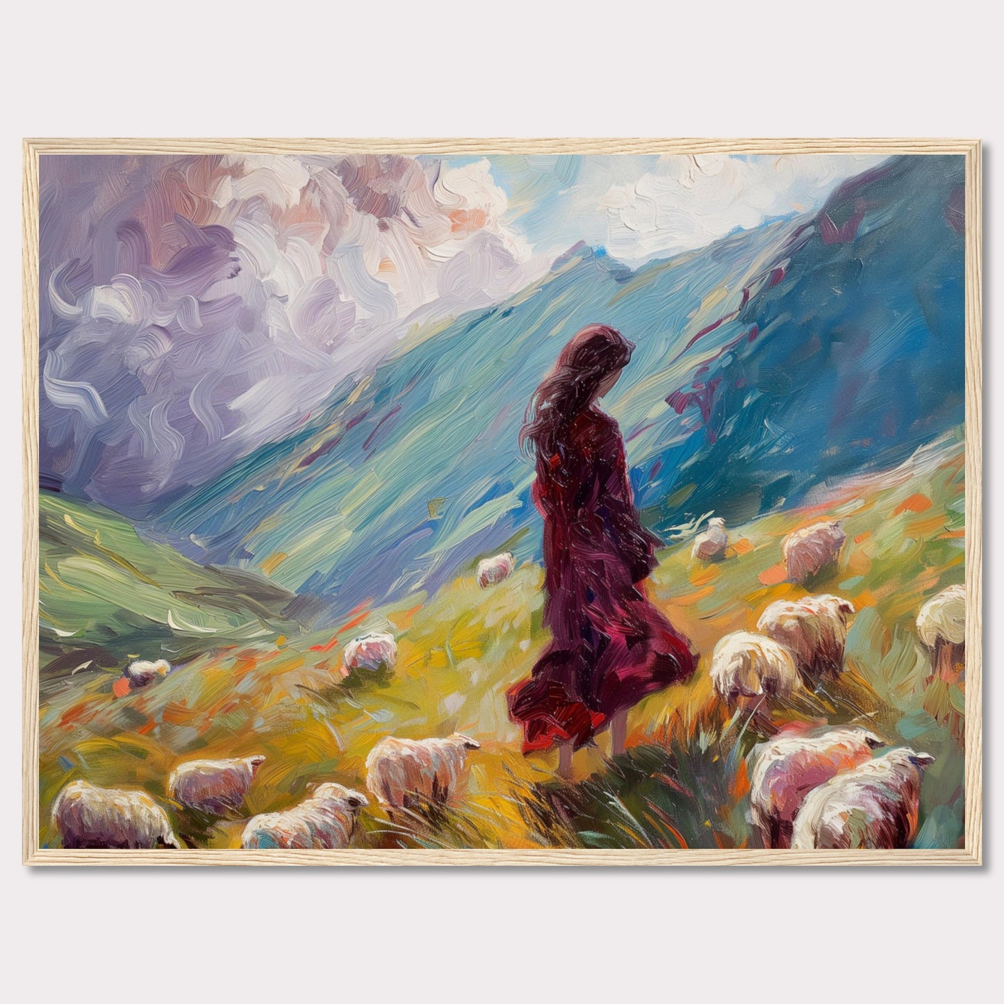 This captivating painting portrays a serene pastoral scene where a woman in a flowing red dress stands amidst a flock of sheep on a vibrant, rolling hillside. The background features dramatic, swirling clouds and lush green mountains, creating a sense of tranquility and connection with nature.