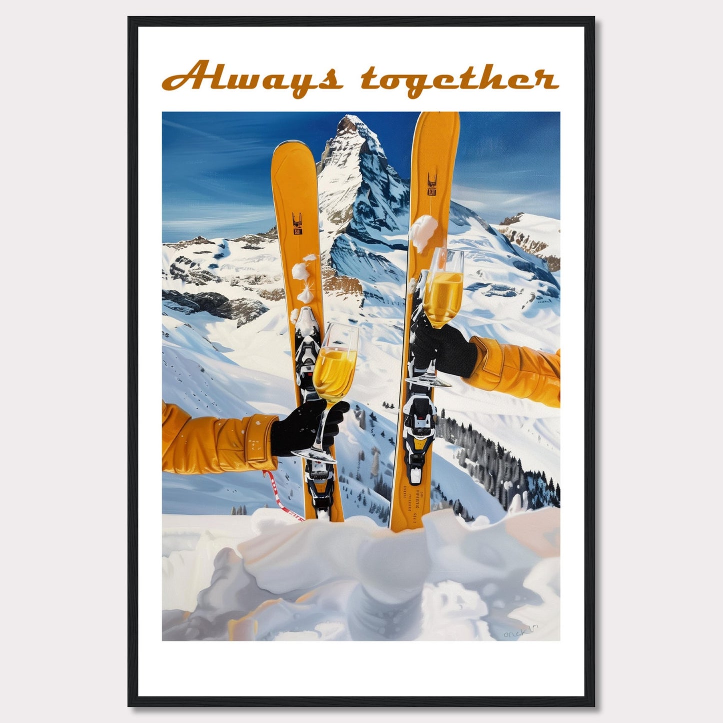 This image showcases a picturesque winter scene with two skiers celebrating on a snowy mountain. The central focus is on the skis and champagne glasses, symbolizing a joyous moment shared together.