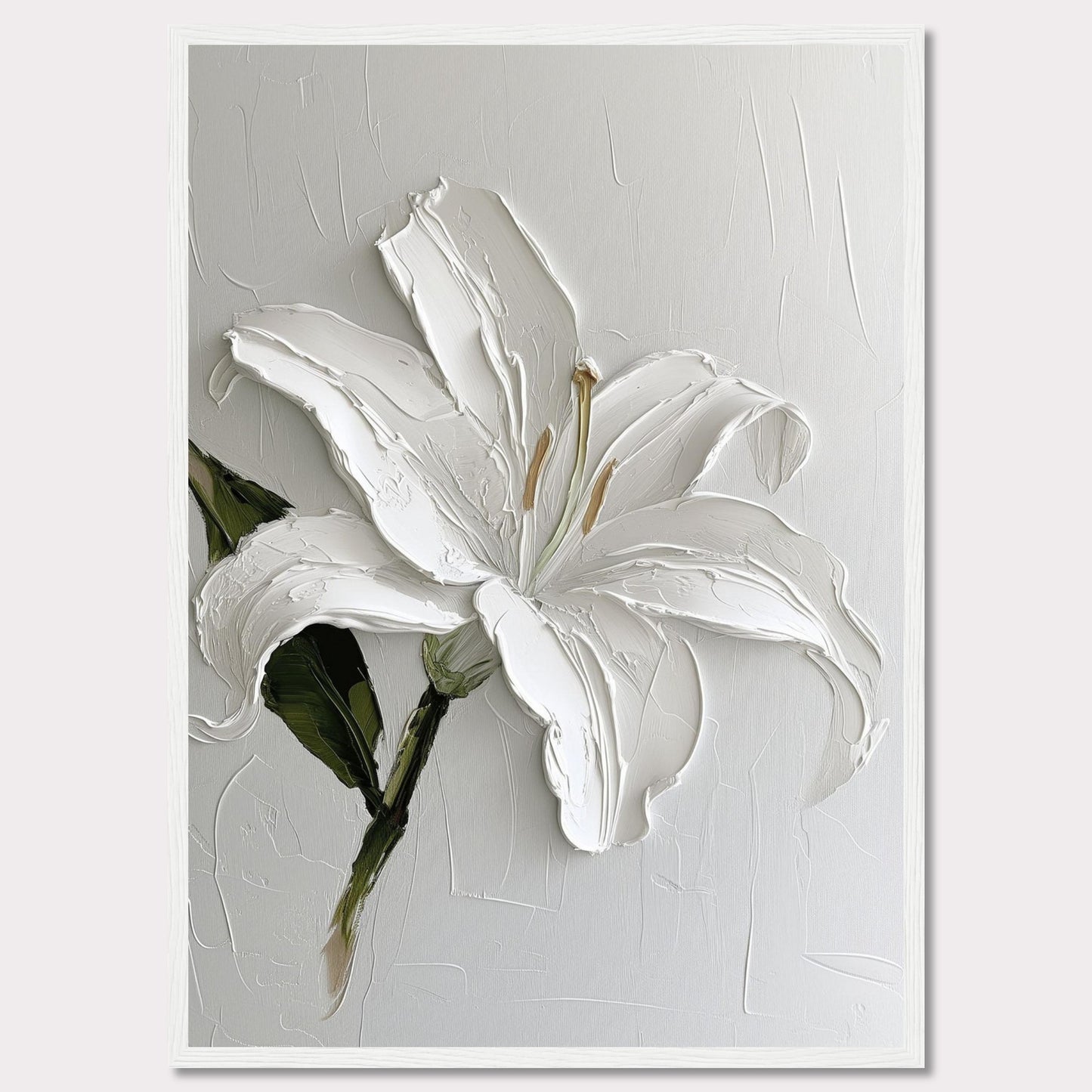 This image showcases a stunning textured painting of a white lily, elegantly framed in black. The thick brushstrokes add depth and dimension to the petals, creating a lifelike appearance. The background is kept minimal, allowing the flower to be the focal point.