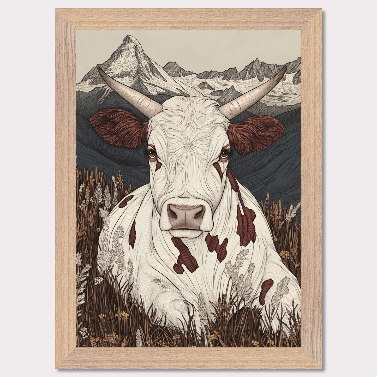 This beautifully detailed poster portrays a tranquil scene of alpine life with a focus on the harmonious connection between nature and animals. A striking cow with intricate features gazes directly at the viewer, creating a sense of intimacy, while the majestic Matterhorn looms in the background. The combination of soft earth tones and delicate linework evokes a rustic yet modern aesthetic.