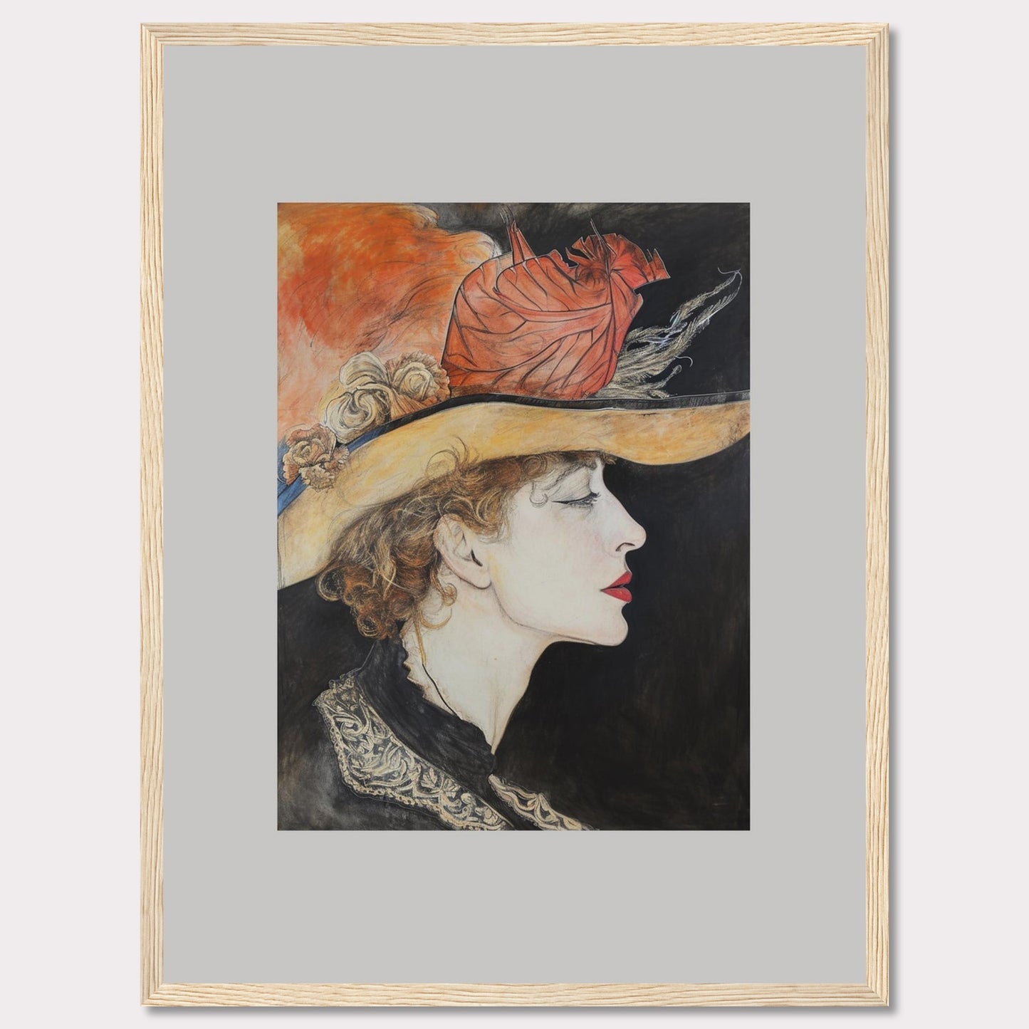 This captivating artwork features a side profile of a woman wearing an elegant hat adorned with feathers and flowers. The detailed illustration showcases her serene expression, accentuated by bold red lips and delicate curls framing her face. The background contrasts beautifully with the vibrant colors of the hat, adding depth to the portrait.