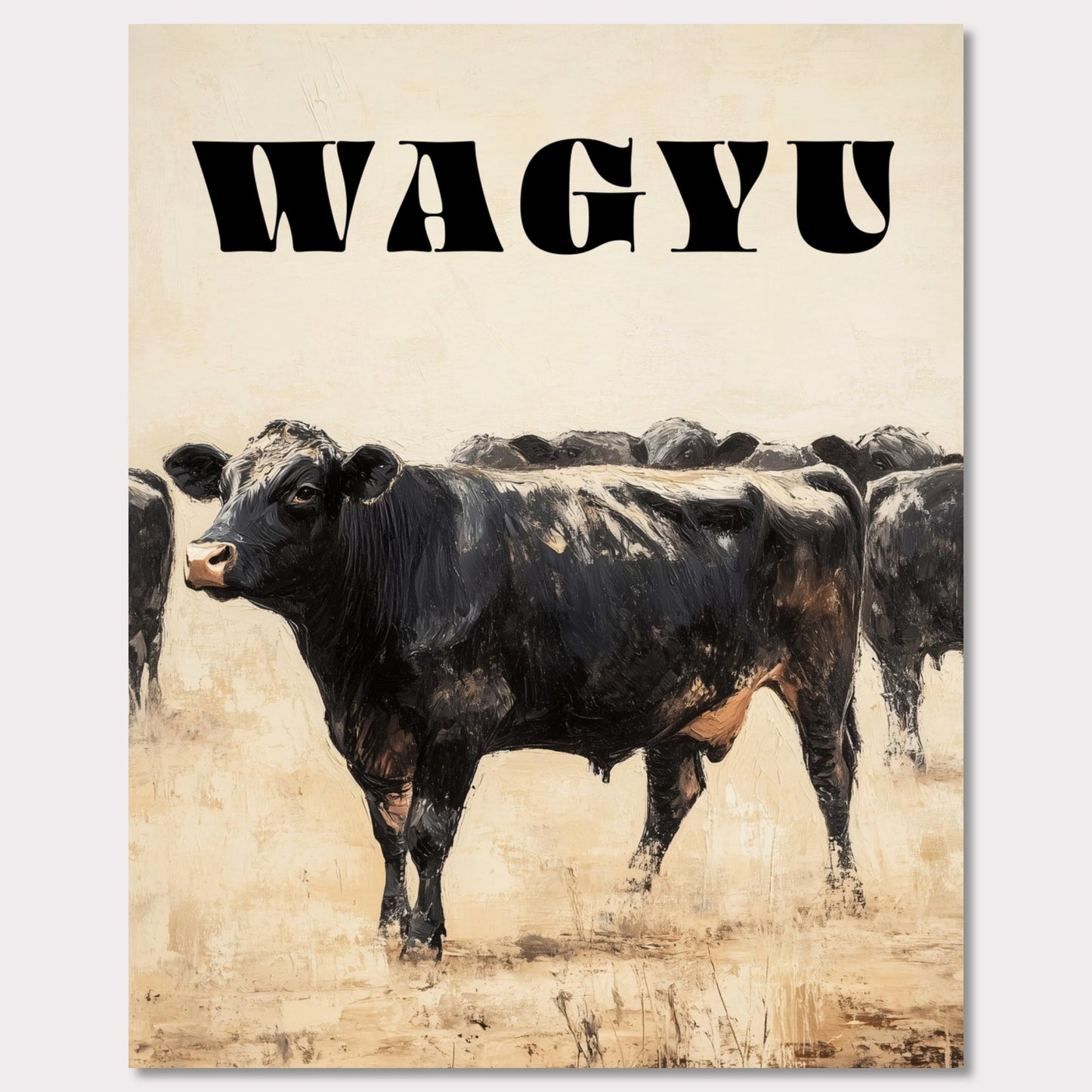 This captivating painting depicts a group of black cows standing together, evoking a sense of unity and strength. The textured brushstrokes and neutral background create a striking contrast, highlighting the animals' dark forms.