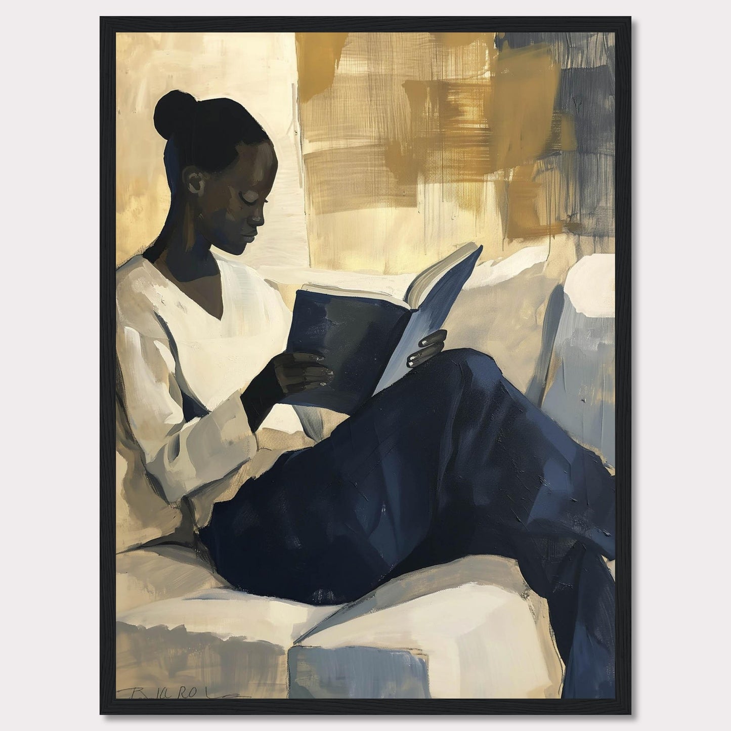 This painting captures a serene moment of a woman deeply engrossed in a book. The artwork uses a muted color palette with shades of beige, blue, and gold, creating a calm and contemplative atmosphere.