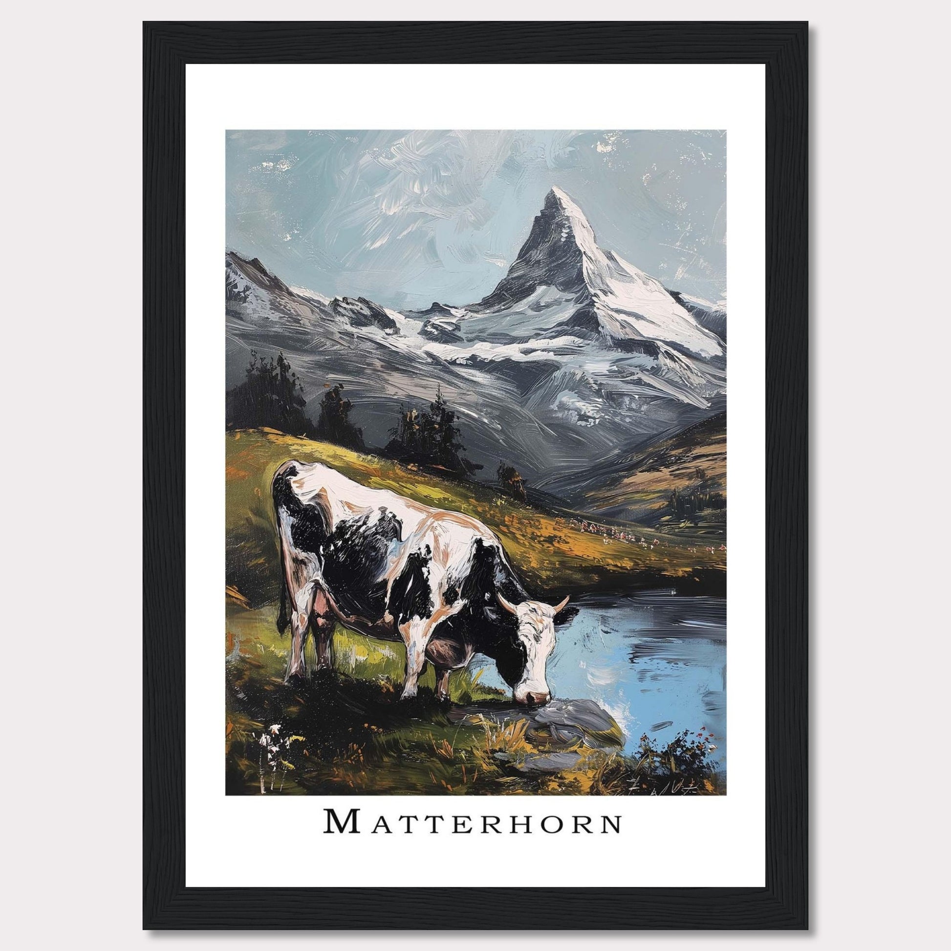 This captivating artwork captures the serene beauty of the Matterhorn with a cow grazing by a tranquil lake in the foreground. The majestic snow-capped peak stands tall against a clear sky, surrounded by lush greenery and reflective waters.