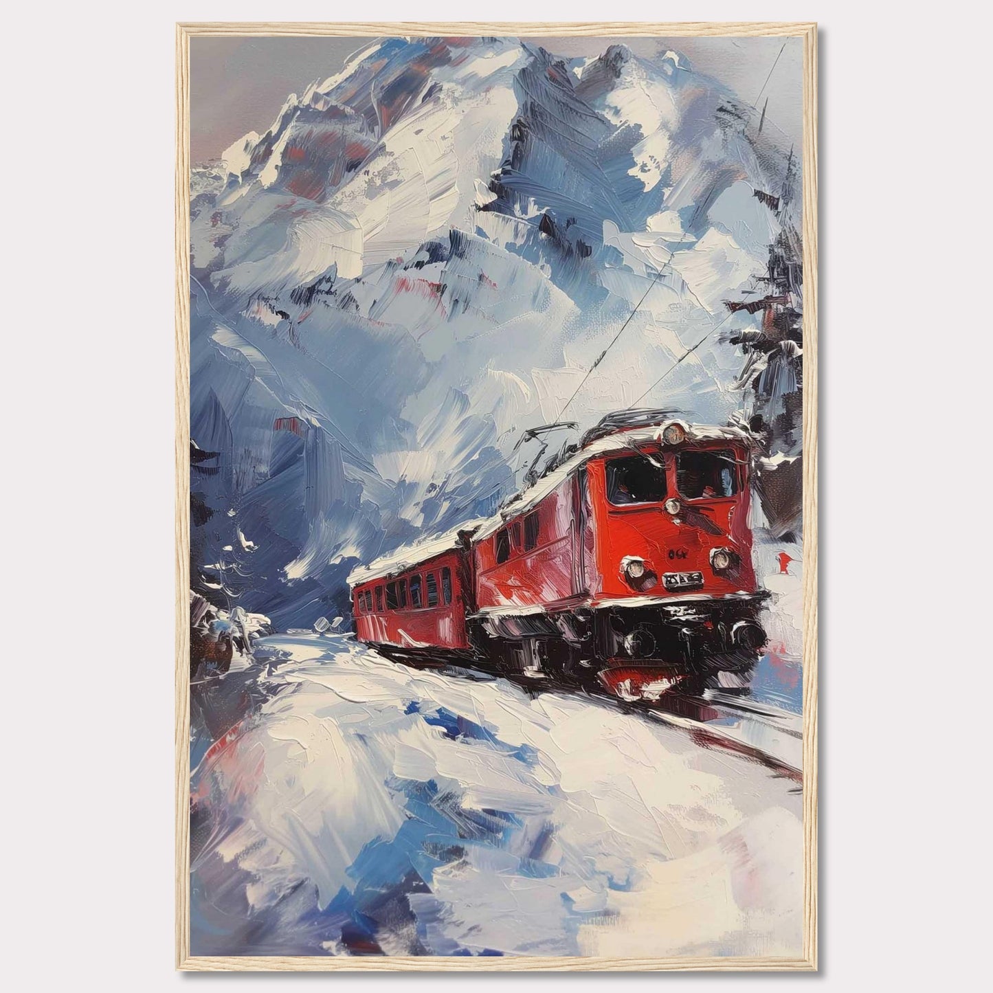 This stunning painting captures a vibrant red train journeying through a snowy mountain landscape. The dynamic brushstrokes convey the movement and energy of the scene, while the towering snow-covered peaks create a breathtaking backdrop.