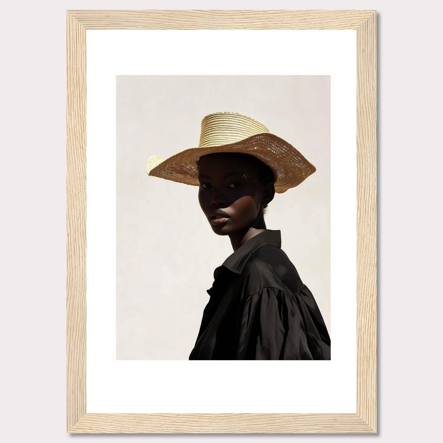 This striking portrait features a person wearing a wide-brimmed straw hat and a black outfit, set against a minimalist light background. The play of light and shadow adds depth and intrigue to the image.