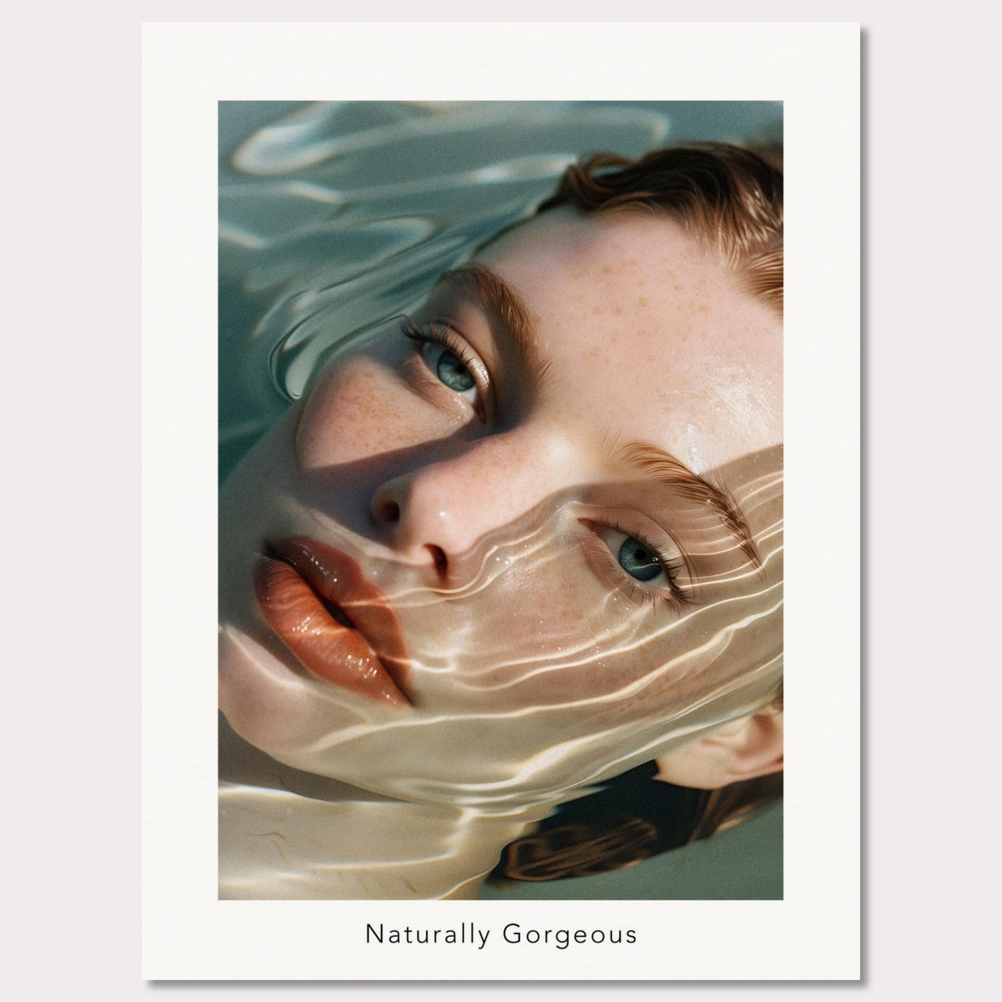 This poster features a close-up illustration of a woman's face partially submerged in water, with light reflections creating a wavy pattern across her skin. The text "Naturally Gorgeous" is displayed below the image.