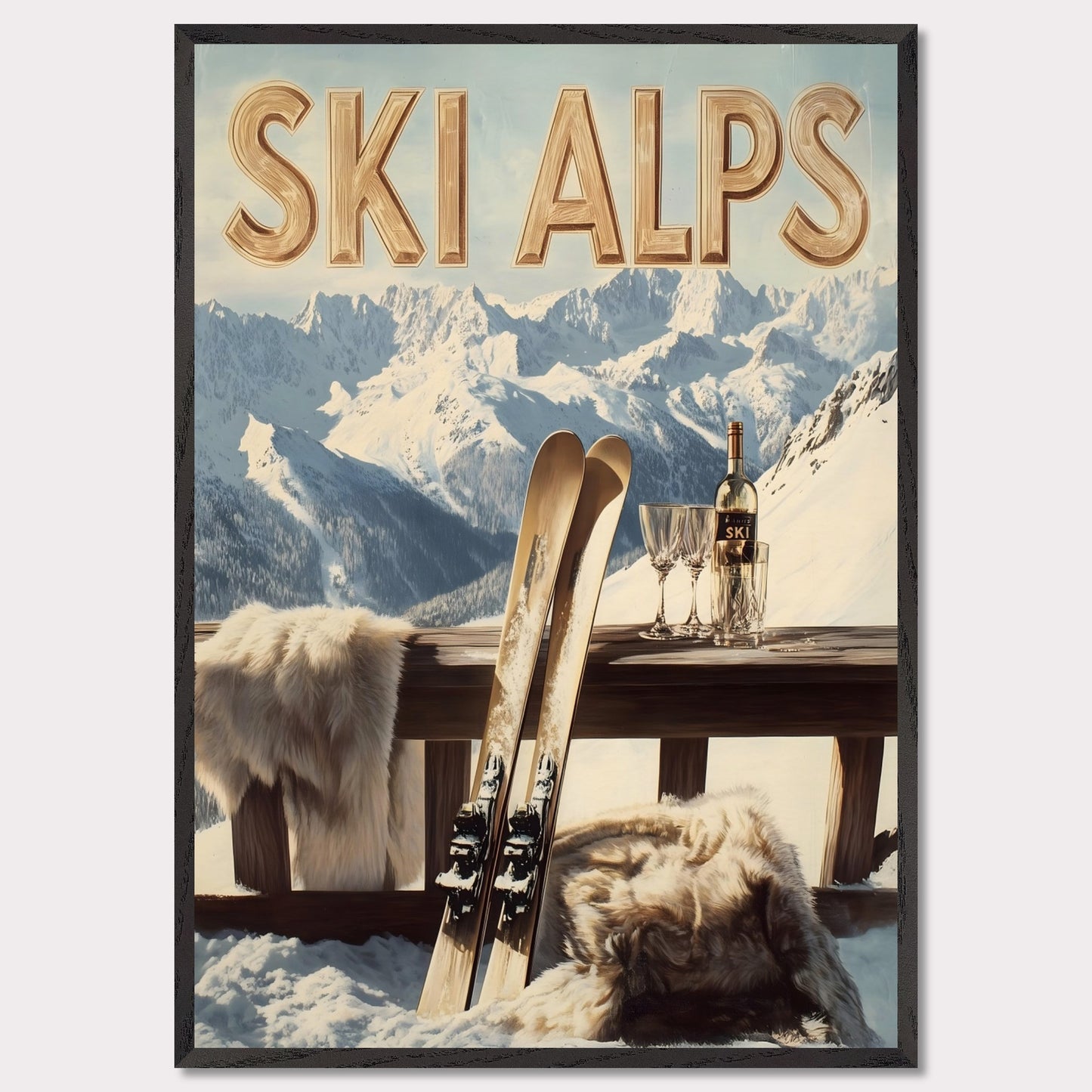 This captivating poster invites you to a serene alpine retreat, where snowy peaks stretch into the horizon. A pair of classic wooden skis leans against a rustic balcony railing, adorned with soft fur for added warmth. A bottle of fine wine and elegant glasses sit atop the table, perfectly complementing the breathtaking mountain backdrop.