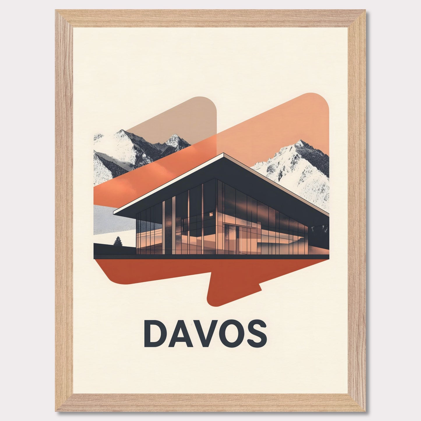 A sleek, modern representation of Davos, featuring a glass-fronted building set against towering alpine mountains. The minimalist color palette and subtle lighting effects give the scene a futuristic yet inviting feel.