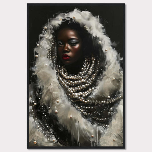 This captivating artwork features a striking portrait of a woman adorned with layers of pearls and white feathers. The dark background accentuates her luminous skin and bold red lips, creating a dramatic contrast. The intricate details of the pearls and feathers add a sense of luxury and elegance to the piece.