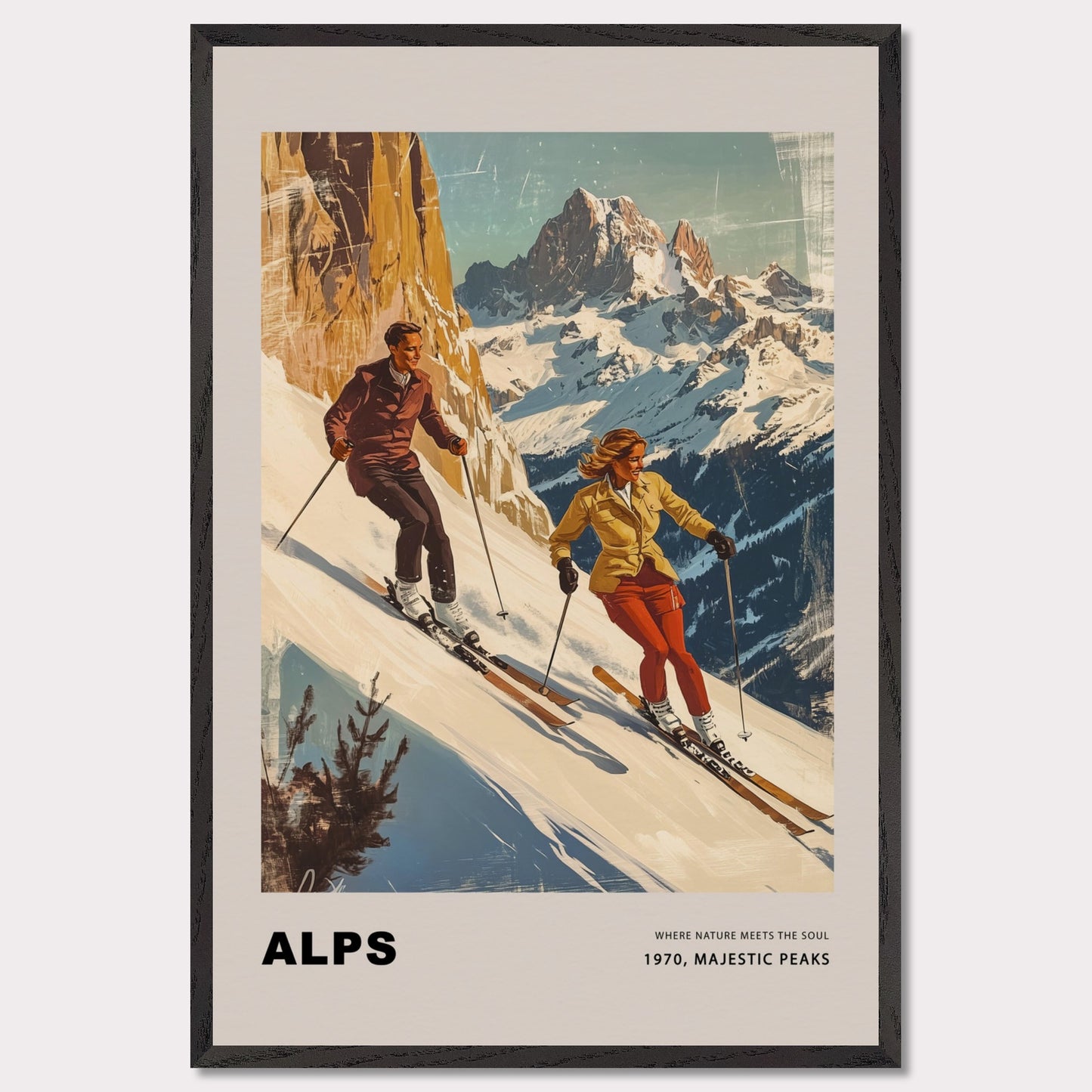 This striking vintage poster celebrates the grandeur of the Alps, depicting a dynamic pair of skiers descending snowy slopes with towering peaks in the background. Their confident movements against the crisp, majestic scenery capture the essence of alpine adventure. The warm, retro tones paired with the timeless typography evoke a sense of nostalgia and the spirit of mountain exploration.