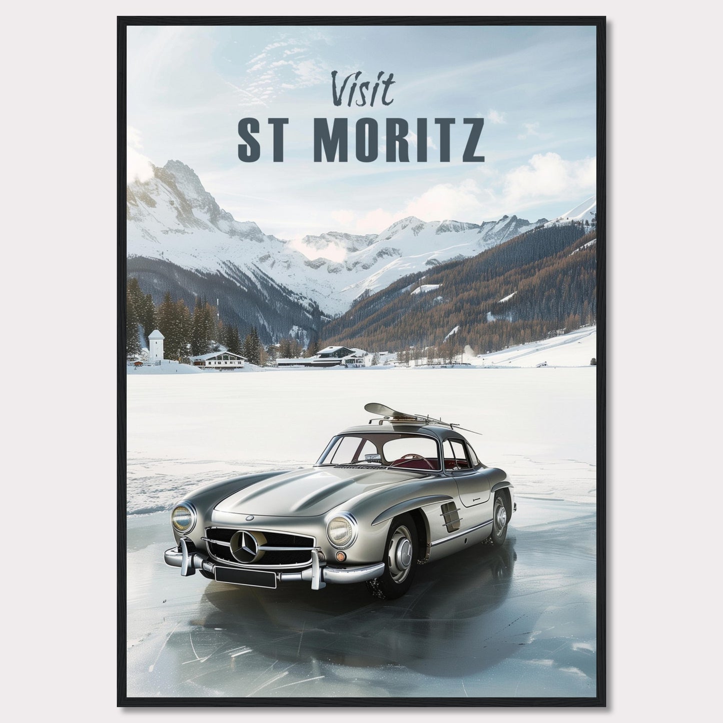 Discover the breathtaking beauty of St. Moritz with this stunning poster. Featuring a classic silver car parked on a frozen lake, surrounded by majestic snow-capped mountains and cozy alpine chalets.