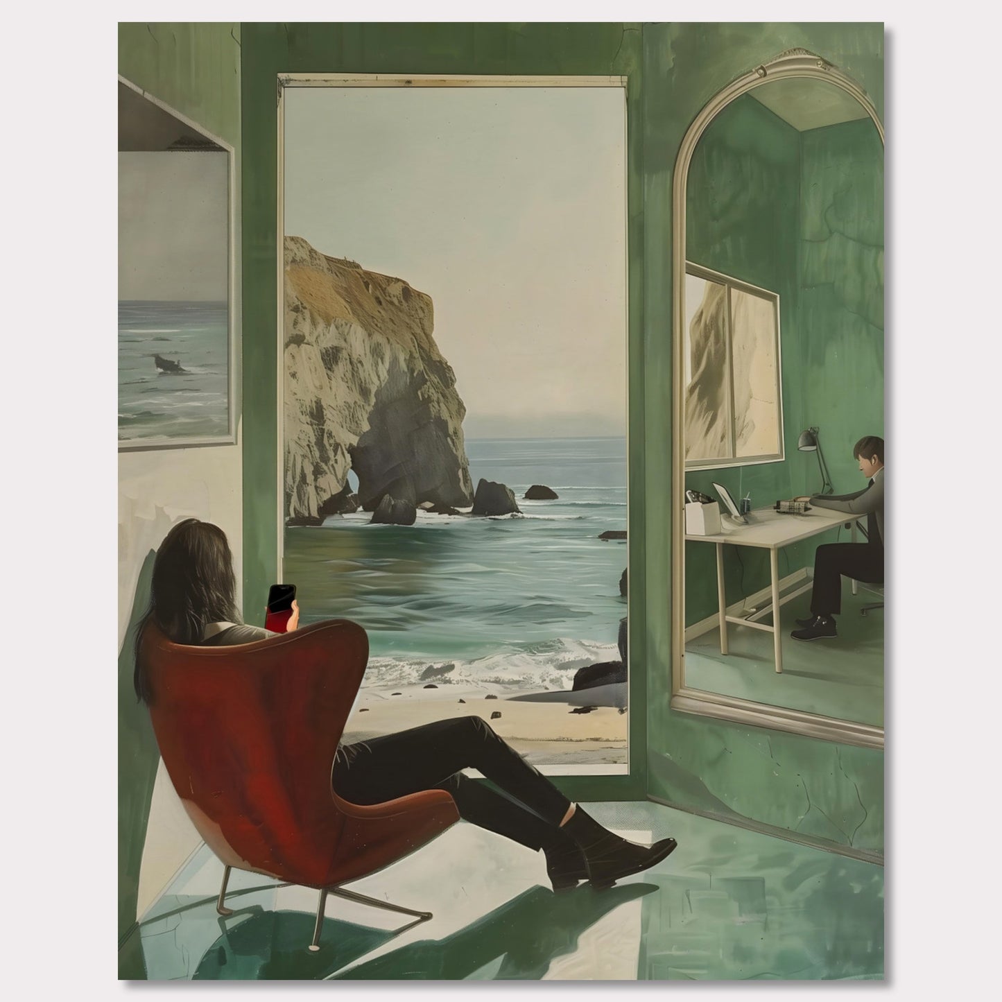 This captivating artwork depicts a serene coastal scene viewed from inside a room. A person is seated in a red chair, gazing out at the ocean through an open window. The reflection of another person working at a desk is visible in a large mirror on the right side. The room's green walls and floor create a calming ambiance, enhancing the peacefulness of the ocean view.