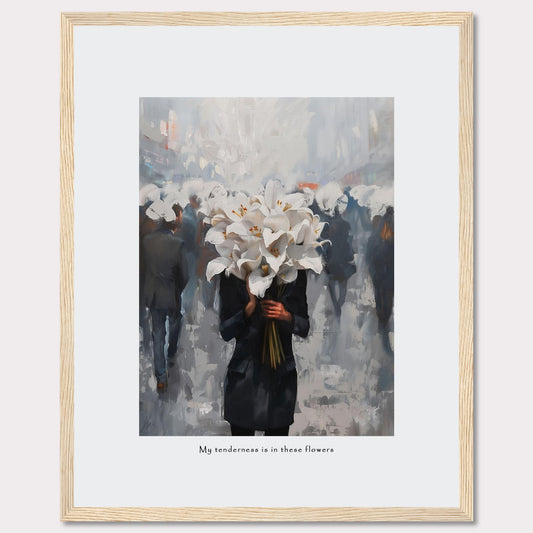 This artwork features a person holding a large bouquet of white lilies in a bustling, blurred cityscape. The image conveys a sense of serenity amidst the chaos. Below the image, the text reads, "My tenderness is in these flowers."