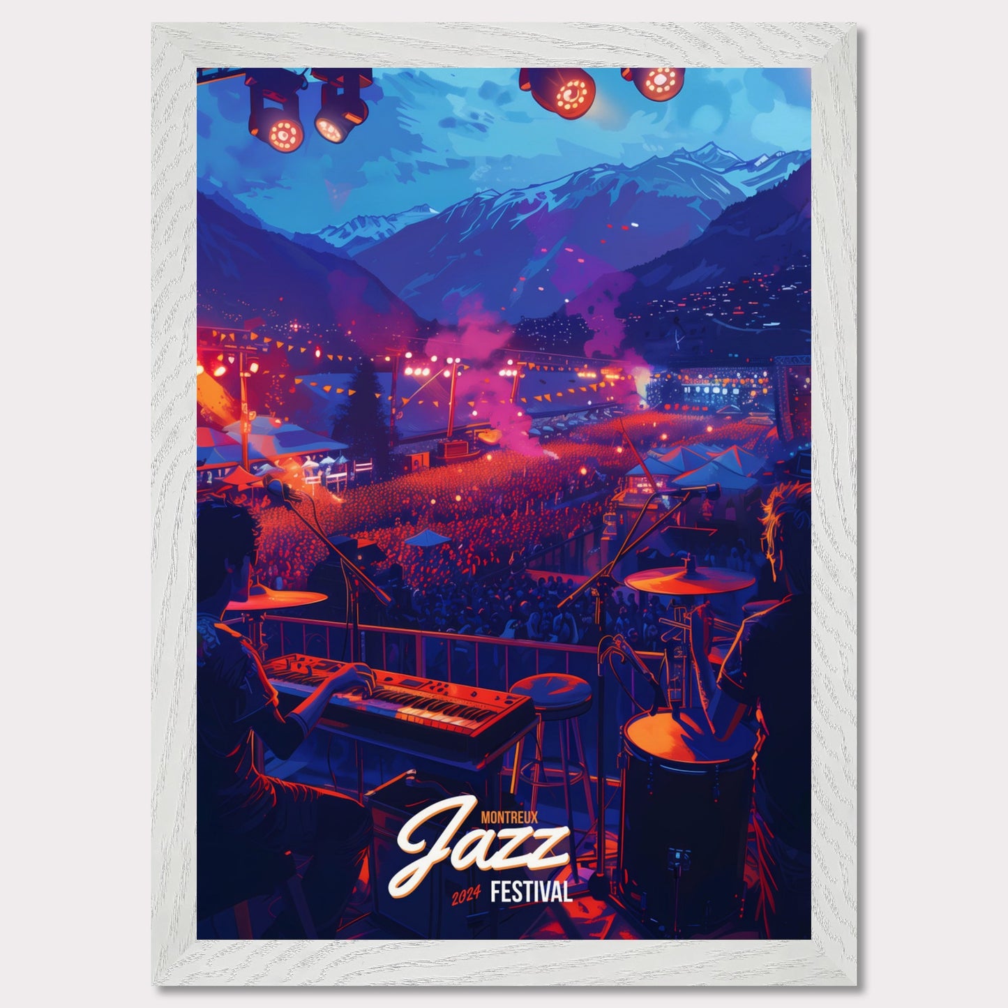 Experience the magic of the Montreux Jazz Festival 2024! This vibrant poster captures the essence of a live performance with a stunning mountain backdrop, colorful stage lights, and an enthusiastic crowd. Feel the rhythm, join the celebration, and be part of this unforgettable musical journey!