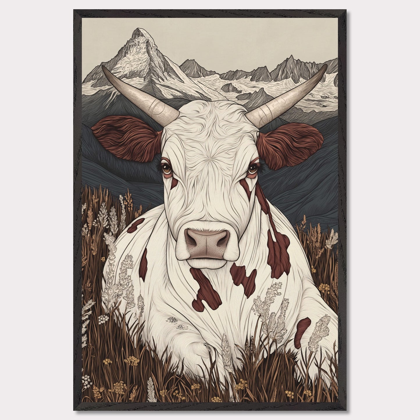 This beautifully detailed poster portrays a tranquil scene of alpine life with a focus on the harmonious connection between nature and animals. A striking cow with intricate features gazes directly at the viewer, creating a sense of intimacy, while the majestic Matterhorn looms in the background. The combination of soft earth tones and delicate linework evokes a rustic yet modern aesthetic.