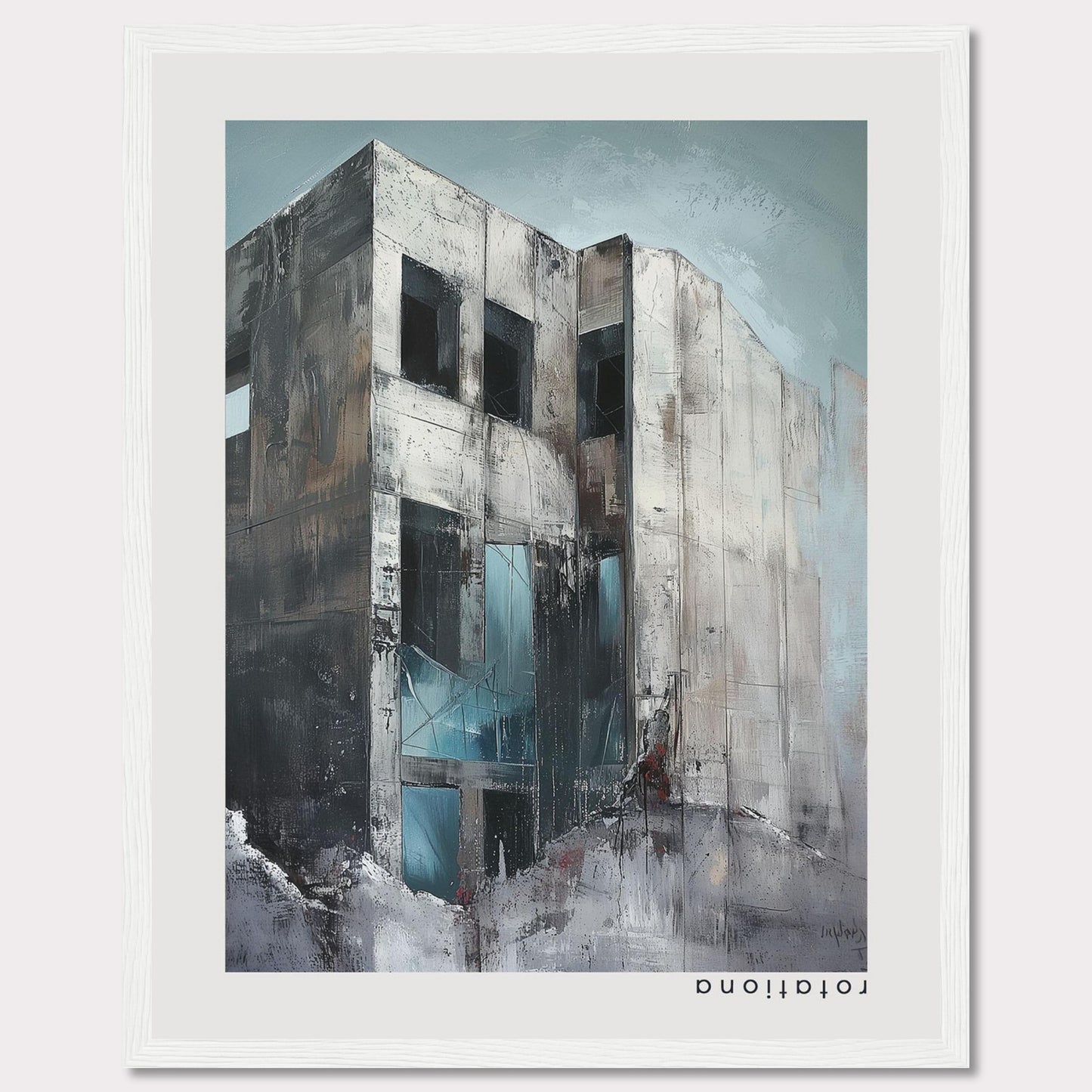 This striking artwork captures a modern, abstract building with a raw and industrial aesthetic. The painting features a weathered facade with large, dark windows, and a mix of cool and neutral tones that evoke a sense of mystery and intrigue.