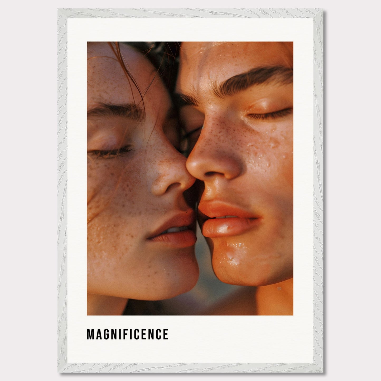 This illustration shows a close-up of two individuals with their faces intimately close, highlighting their freckles and closed eyes.

This poster will fit well in a modern living room, bedroom, or art studio, adding a touch of elegance and intimacy to the space.