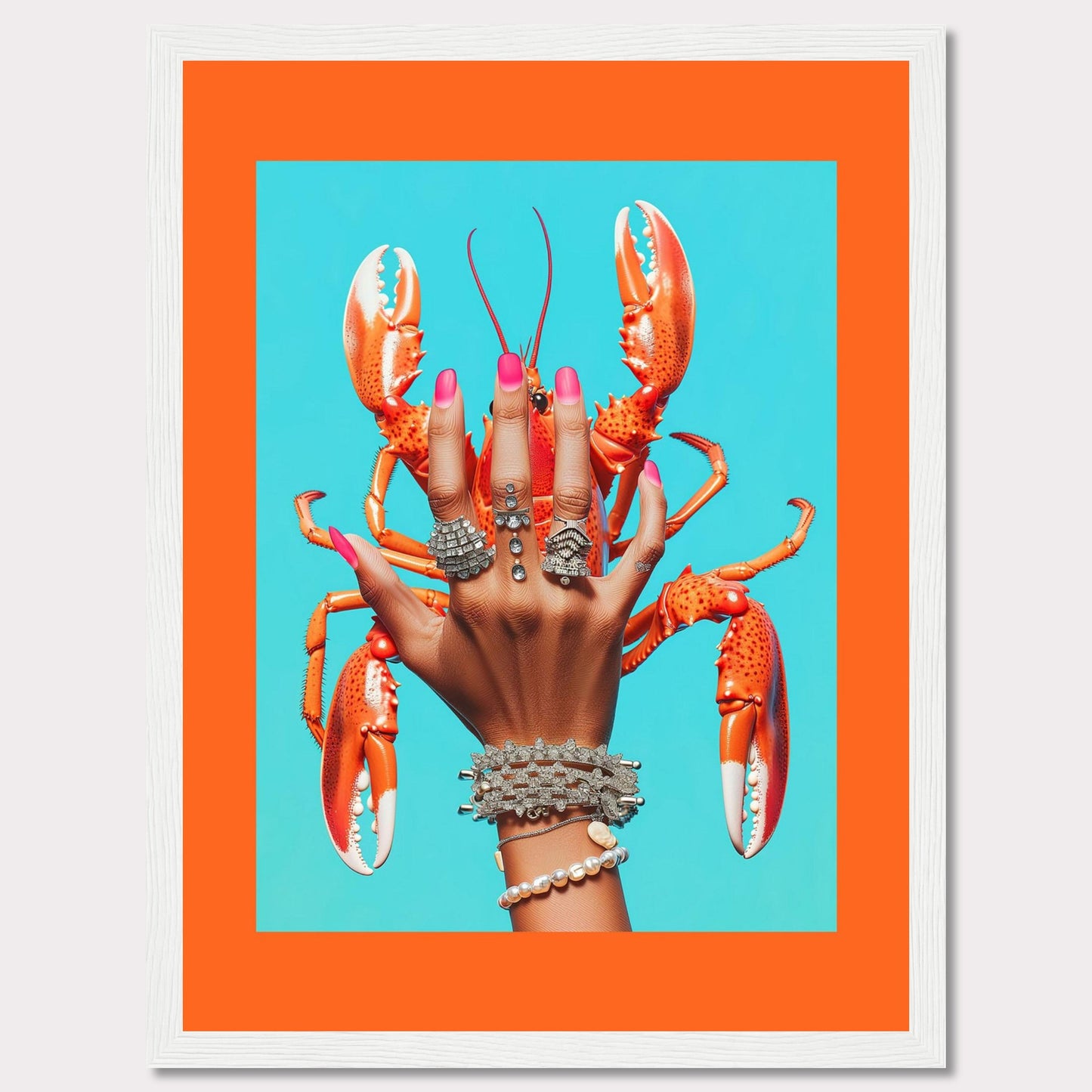 This vibrant and quirky artwork features a hand adorned with luxurious rings and bracelets, holding a bright orange lobster against a vivid blue background. The contrast between the bold colors and the intricate jewelry creates a striking visual impact.