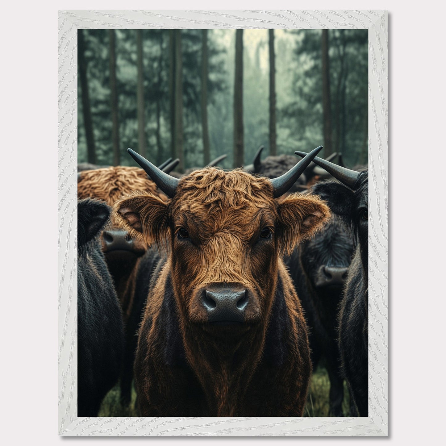 This captivating image features a herd of Highland cattle standing in a misty forest. The central focus is on a brown Highland cow, with its distinctive long horns and shaggy coat, staring directly at the viewer. The background showcases tall trees enveloped in fog, adding a mystical ambiance to the scene.