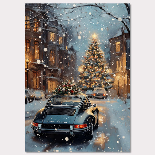 This enchanting poster portrays a snowy Swiss street with a beautifully adorned vintage car carrying a Christmas tree. The softly glowing lights and festive decorations create an atmosphere of joyous holiday anticipation. The combination of timeless cars and seasonal spirit brings a unique charm to this holiday scene.