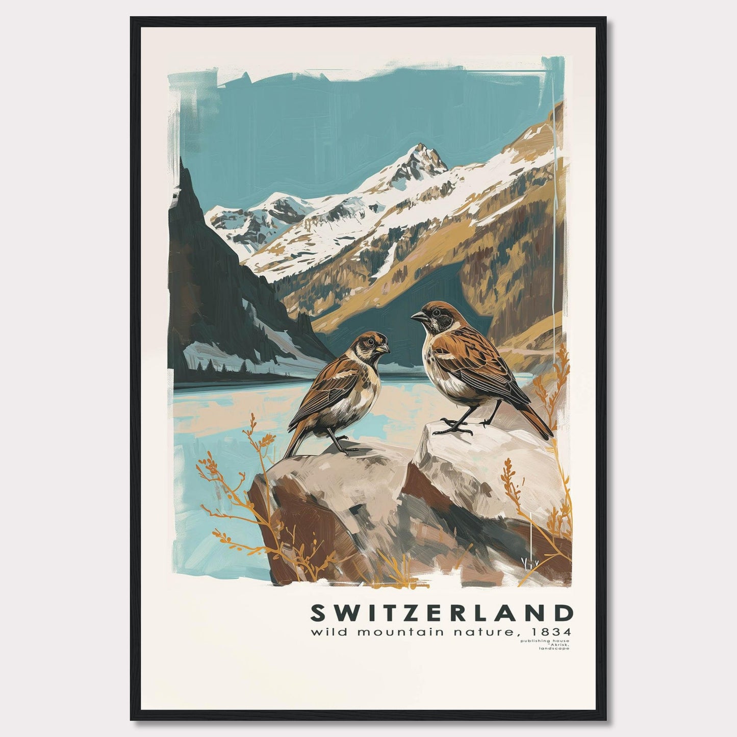 This beautiful illustration captures the serene and majestic nature of Switzerland. Two birds are perched on rocks in the foreground, with a breathtaking backdrop of snow-capped mountains and a tranquil lake.