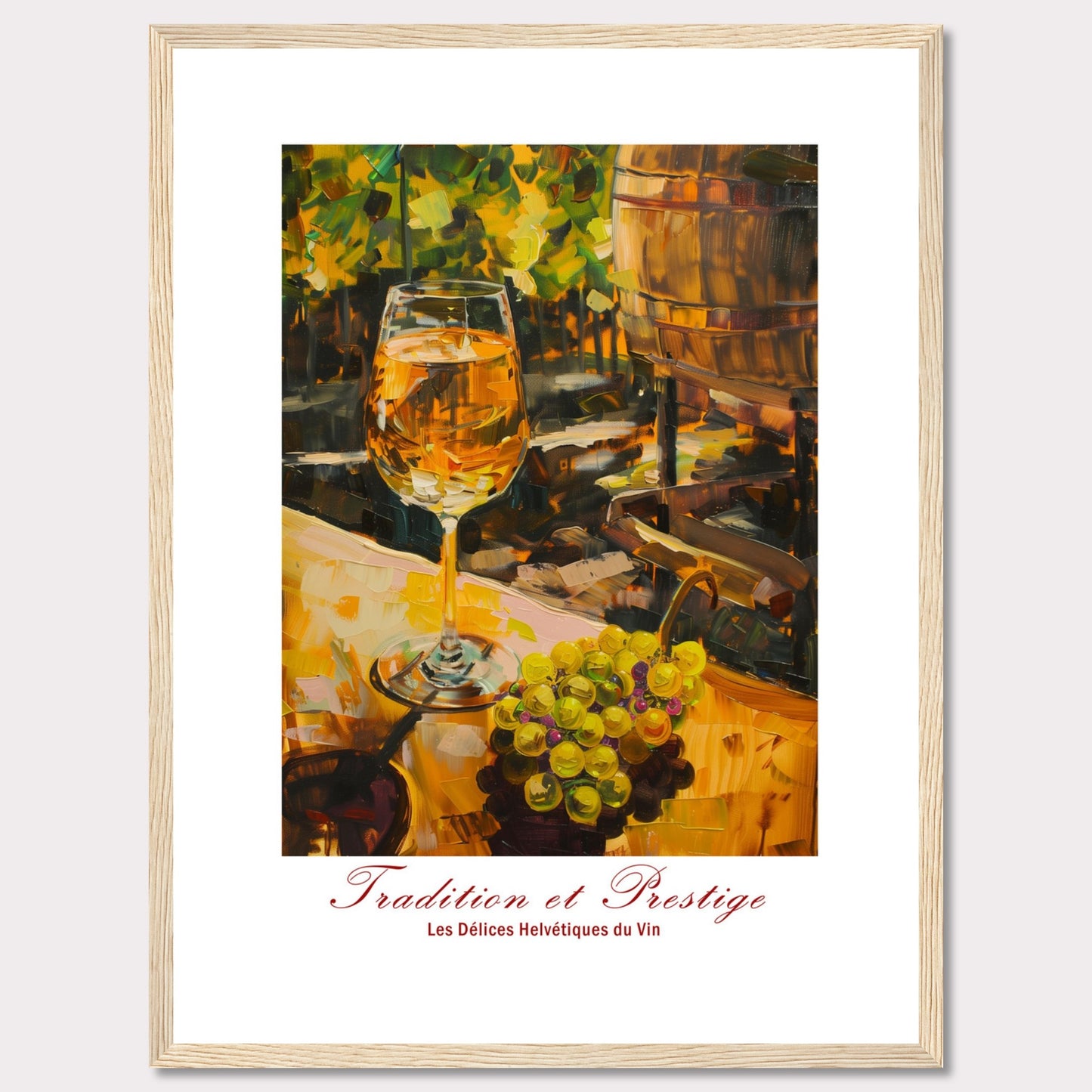 This image showcases a beautifully painted scene of a wine glass filled with white wine, set against a backdrop of a vineyard. The painting captures the essence of tradition and prestige in winemaking.