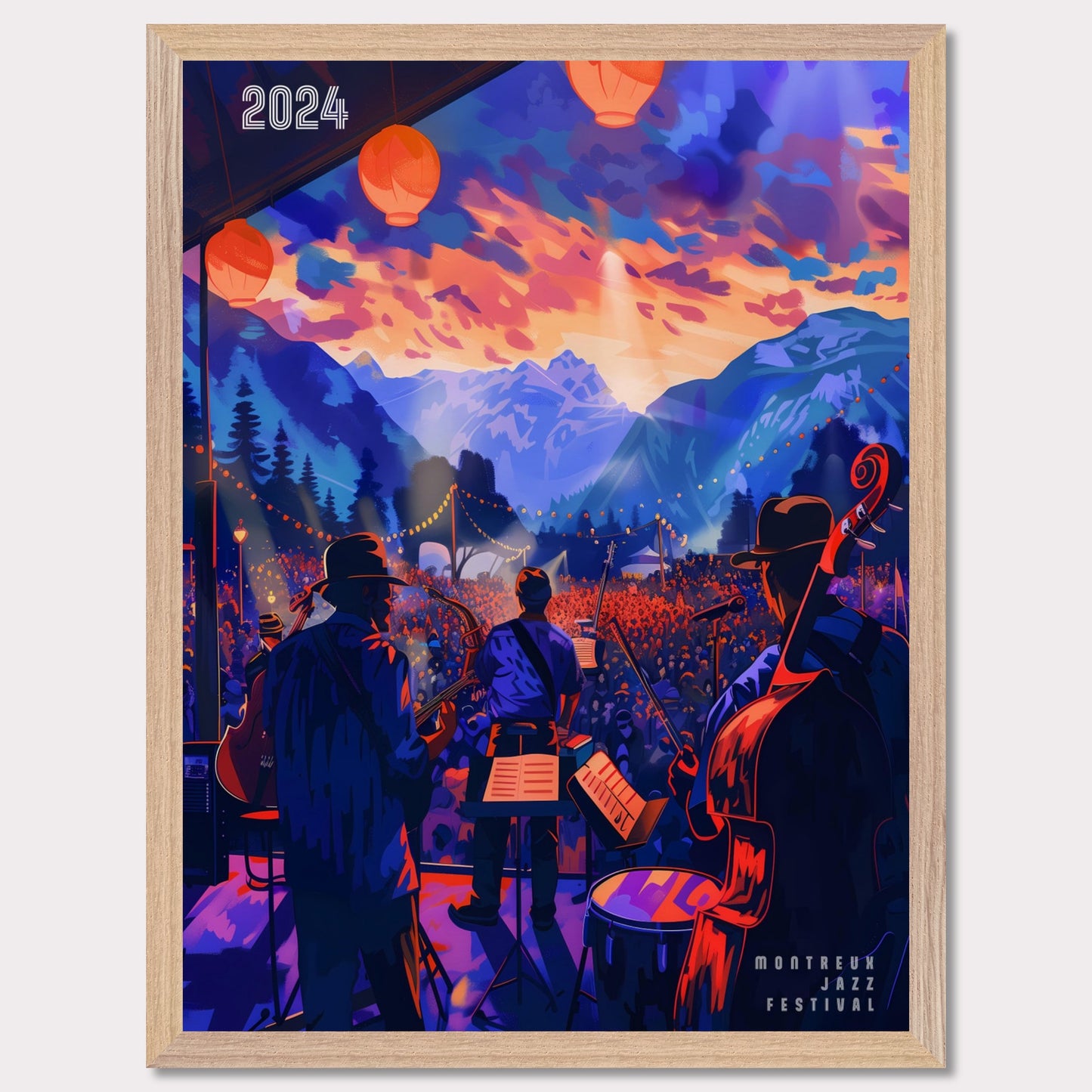 This vibrant poster depicts a lively jazz festival set against a stunning mountain backdrop. The scene is illuminated by colorful lanterns and features a band performing to a large, enthusiastic crowd. The sky is painted with dramatic hues of orange and purple, enhancing the festive atmosphere.