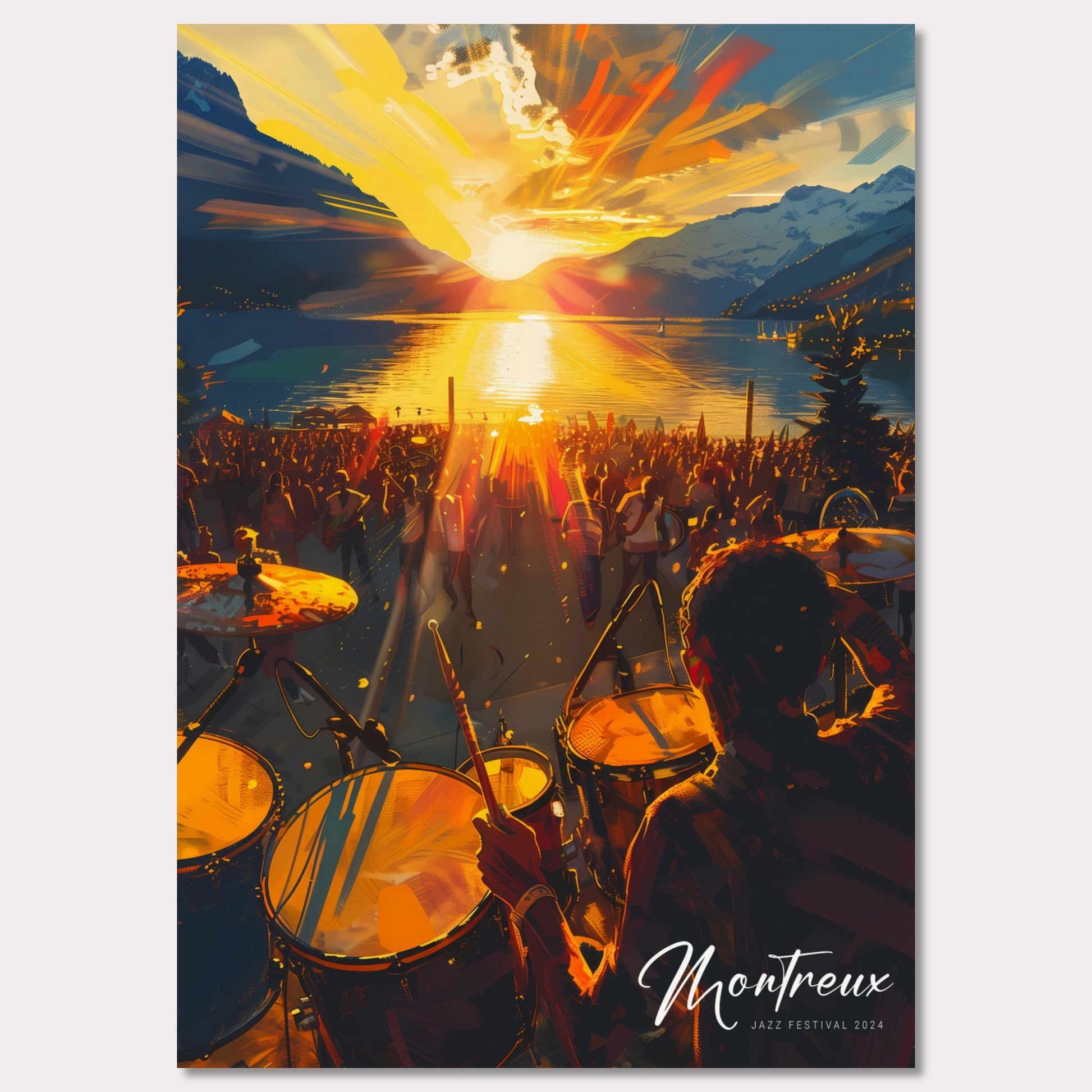 This vibrant image captures the essence of the Montreux Jazz Festival 2024. The scene is set at sunset, with a stunning view of the sun dipping below the horizon over a serene lake, surrounded by majestic mountains. A large crowd is gathered, immersed in the music, while a drummer plays energetically in the foreground.