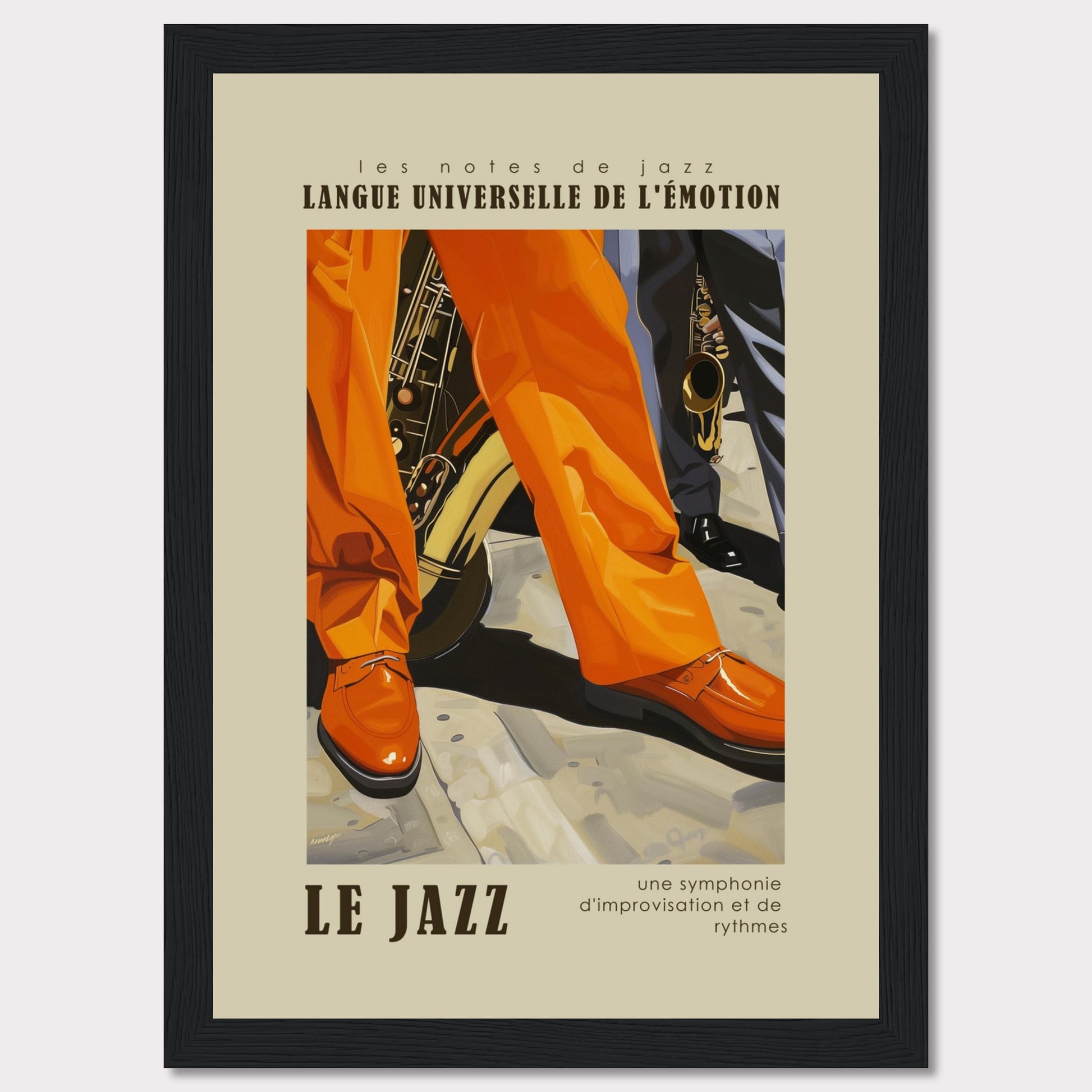 This vibrant poster captures the essence of jazz with its bold colors and dynamic imagery. The scene focuses on the legs and shoes of musicians, emphasizing their lively movements. Brass instruments peek from behind, hinting at the soulful music being played. The text reads "LANGUE UNIVERSELLE DE L'ÉMOTION" and "LE JAZZ," highlighting jazz as a universal language of emotion. The tagline, "une symphonie d'improvisation et de rythmes," describes jazz as a symphony of improvisation and rhythms.