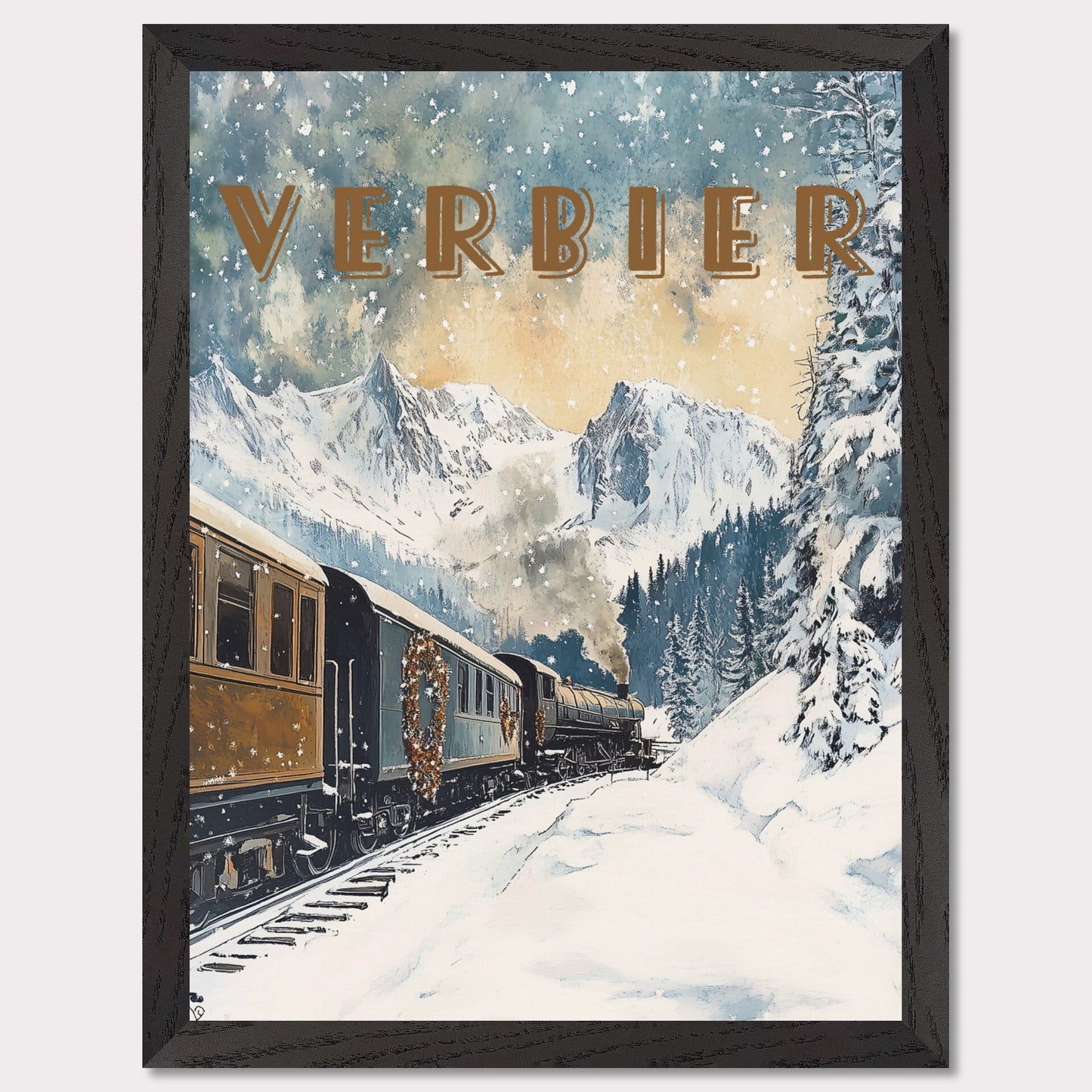 This enchanting winter poster showcases a vintage steam train winding through the snow-covered landscapes of Verbier. The train, adorned with festive wreaths, travels against a backdrop of majestic alpine peaks, tall evergreen trees, and a serene winter sky with softly falling snowflakes. The golden light filtering through the clouds adds a warm, nostalgic glow to the scene, evoking the magic of winter travel.