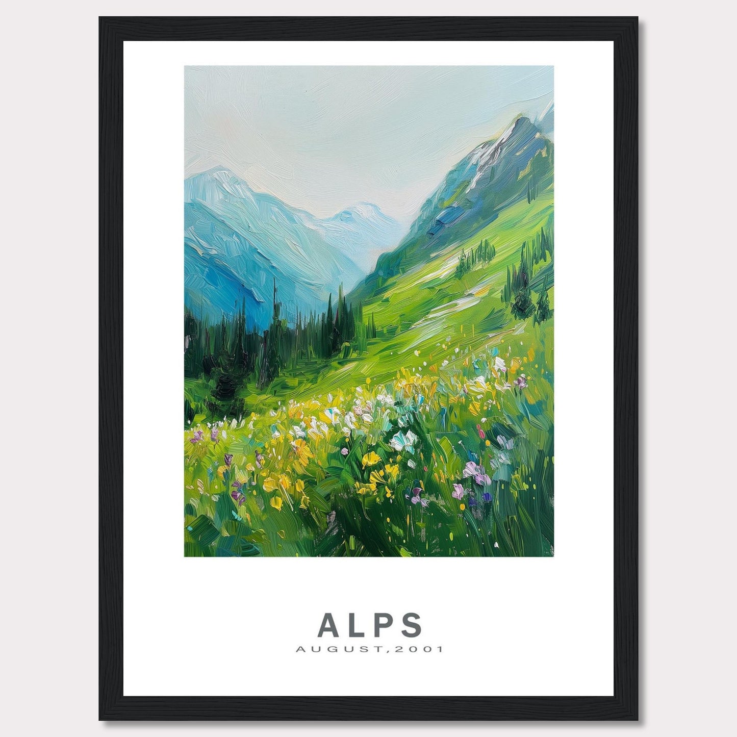 This beautiful framed artwork captures a vibrant and serene landscape of the Alps in August 2001. The painting showcases lush green mountains, colorful wildflowers, and a tranquil sky.