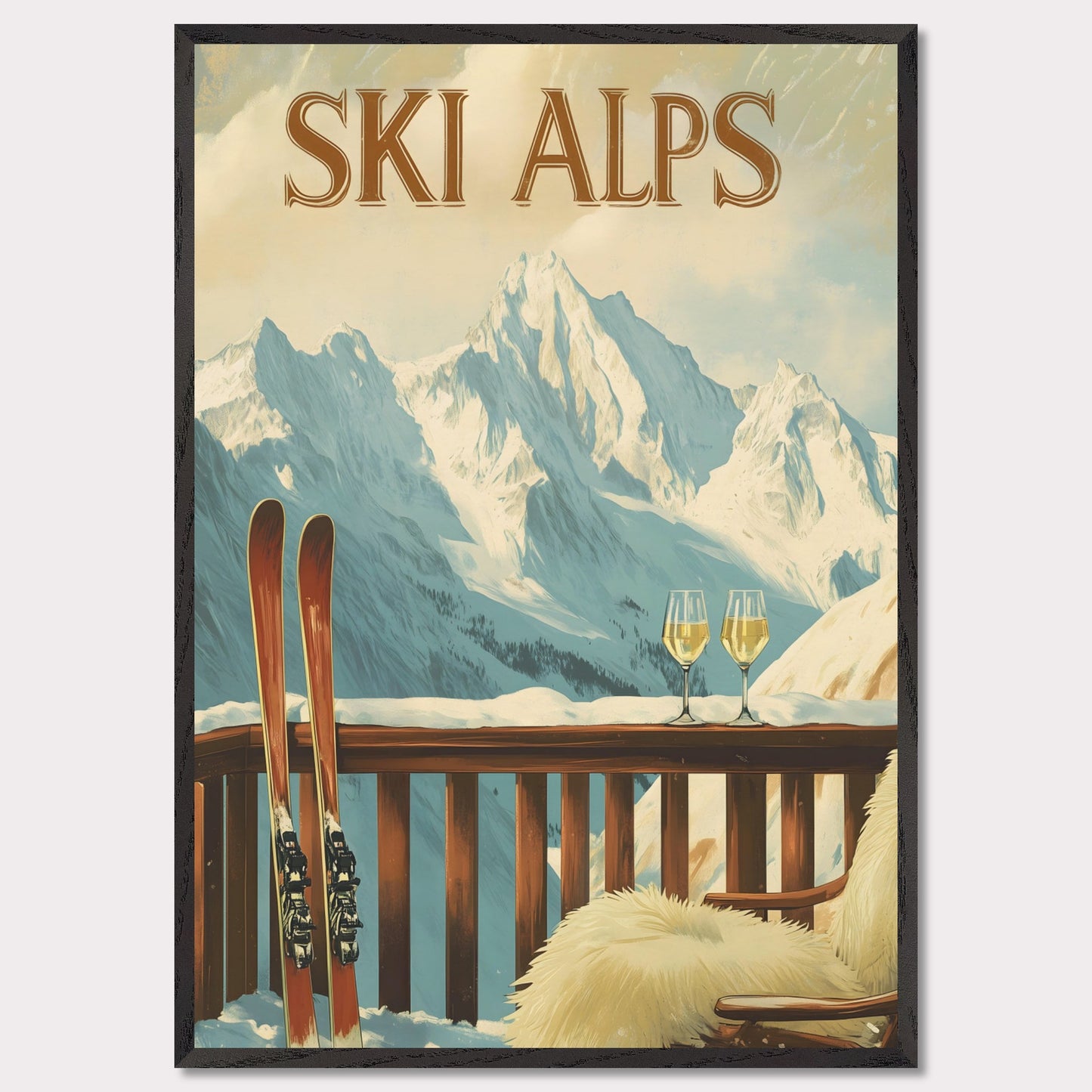 This soothing poster transports you to a tranquil alpine terrace with a breathtaking view of snow-covered peaks. A wooden chair draped in soft fur and paired with two glasses of sparkling wine sets the tone for a peaceful and intimate winter retreat.