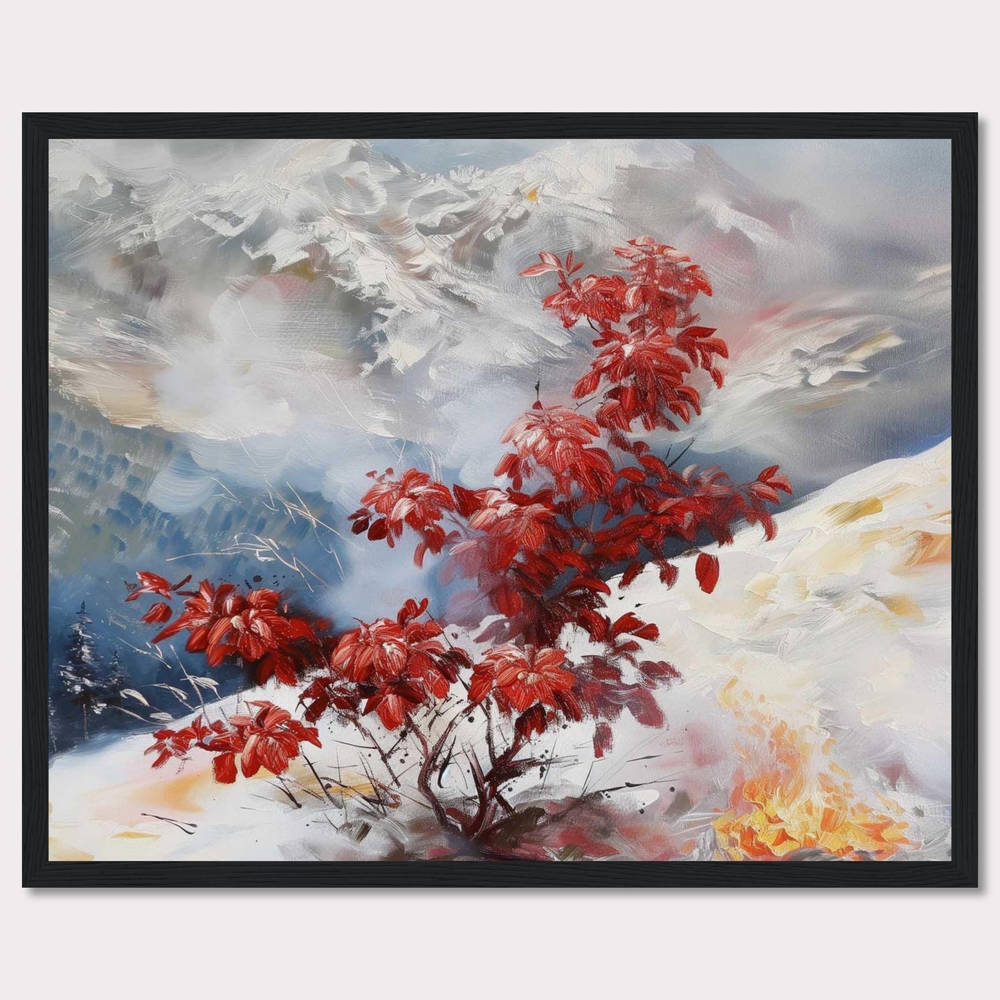 This captivating painting features a vibrant red bush standing out against a serene, snowy landscape. The background showcases majestic mountains partially obscured by mist, adding depth and mystery to the scene. The contrast between the fiery red leaves and the cool, muted tones of the snow and sky creates a striking visual effect.