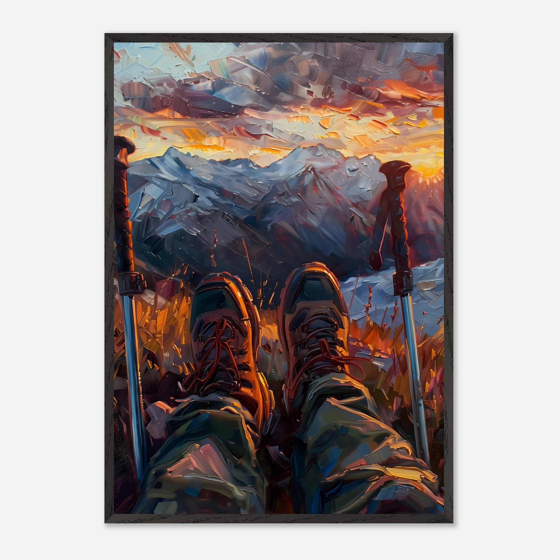 This illustration depicts a serene mountain landscape at sunset, viewed from the perspective of a hiker resting with their legs stretched out.