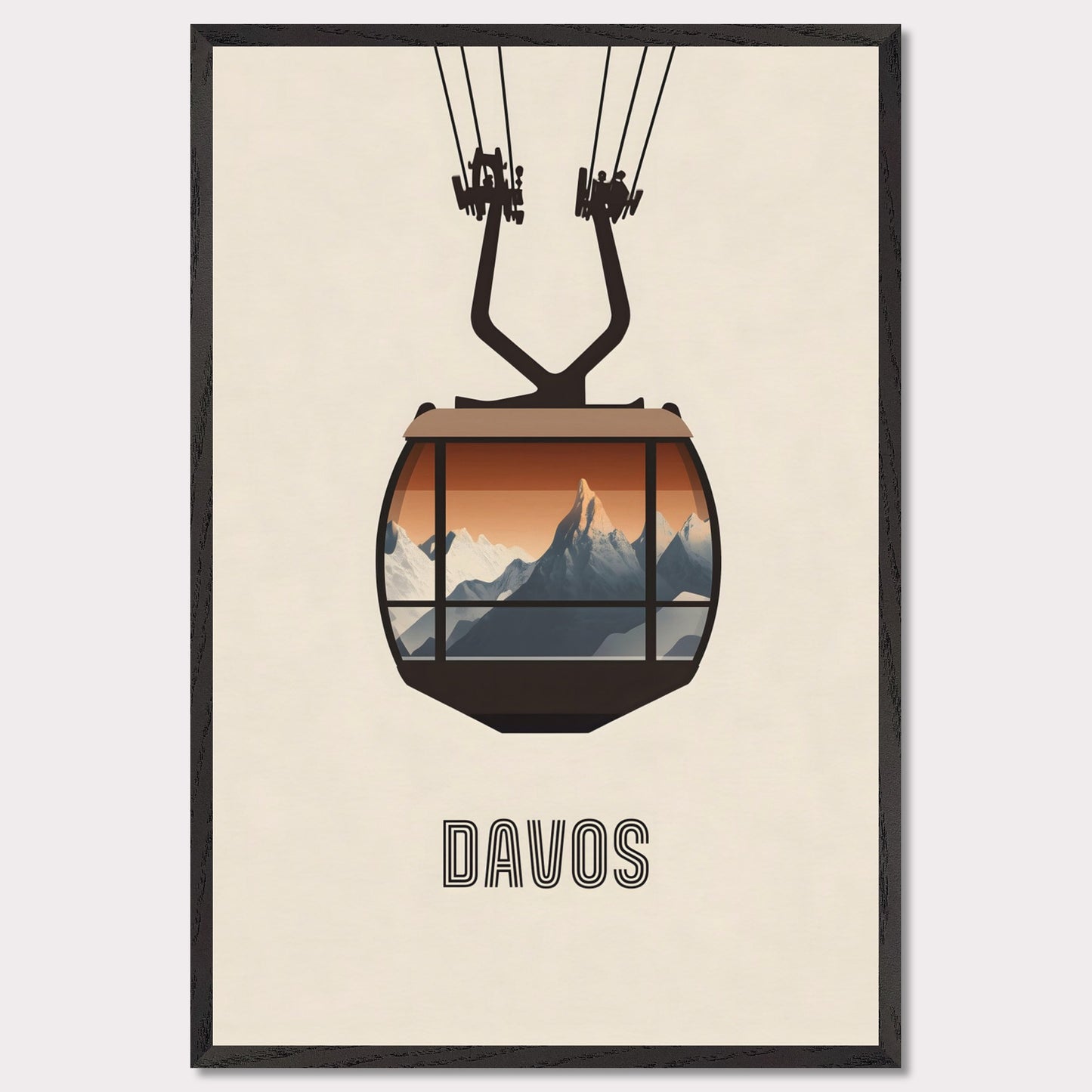 A striking minimalist poster featuring a cable car with a breathtaking view of the Swiss Alps. The warm tones contrast with the cool mountain peaks, evoking the excitement of alpine adventures.