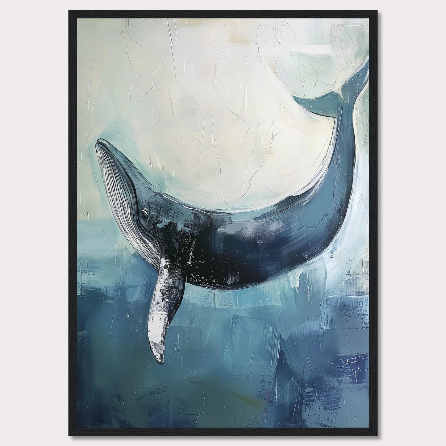 This image showcases a stunning painting of a whale gracefully swimming in the ocean. The artwork captures the serene beauty and majesty of the whale, set against a backdrop of soothing blue and white hues. The texture and brushstrokes add depth and movement to the piece, making it an eye-catching addition to any space.