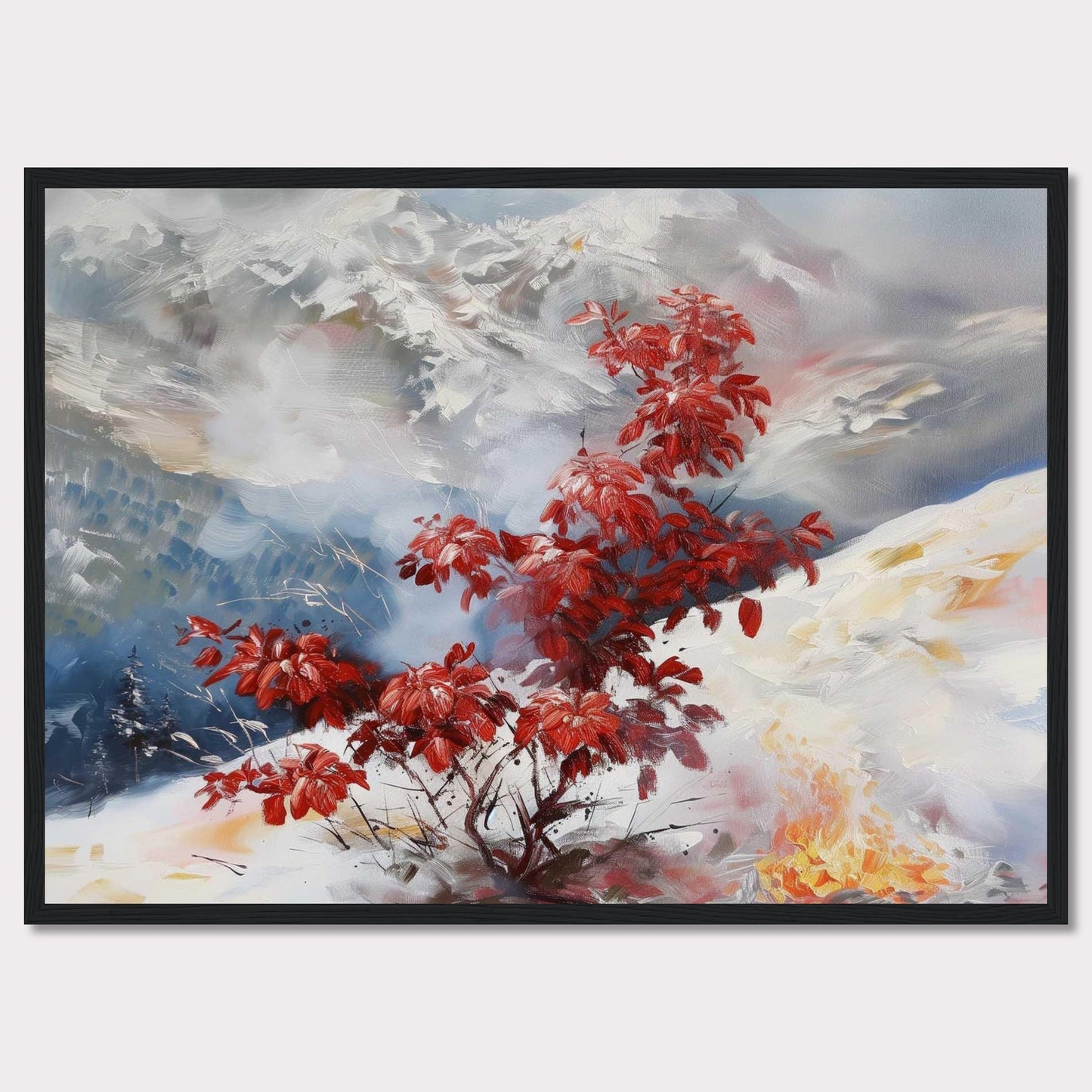 This captivating painting features a vibrant red bush standing out against a serene, snowy landscape. The background showcases majestic mountains partially obscured by mist, adding depth and mystery to the scene. The contrast between the fiery red leaves and the cool, muted tones of the snow and sky creates a striking visual effect.