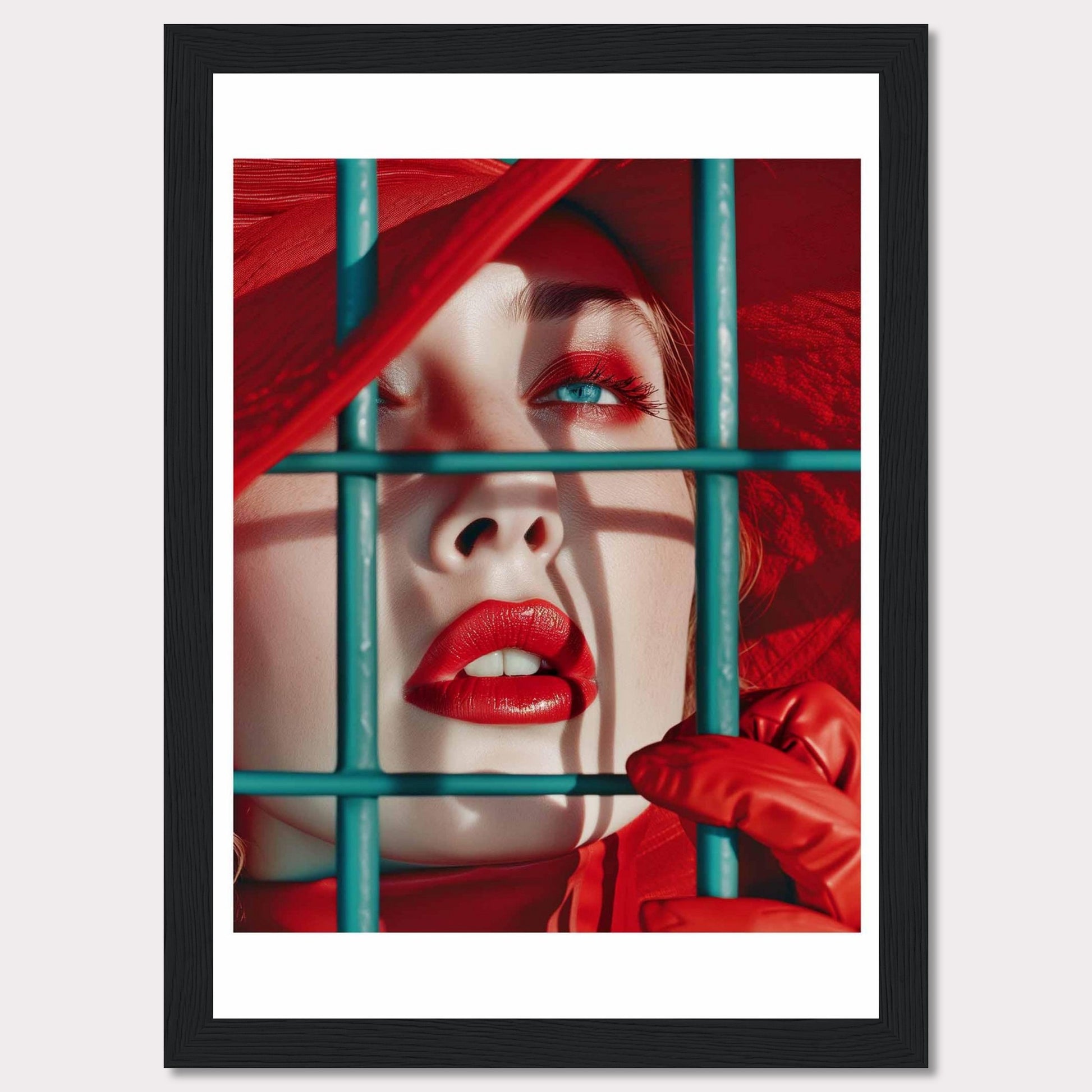 This striking portrait captures a close-up of a woman's face, emphasizing her vibrant red lips and eye makeup. She is framed behind teal bars, adding a sense of intrigue and contrast to the image. The vivid red hat and gloves complement her makeup, creating a bold and captivating visual. This artwork evokes a sense of mystery and allure.