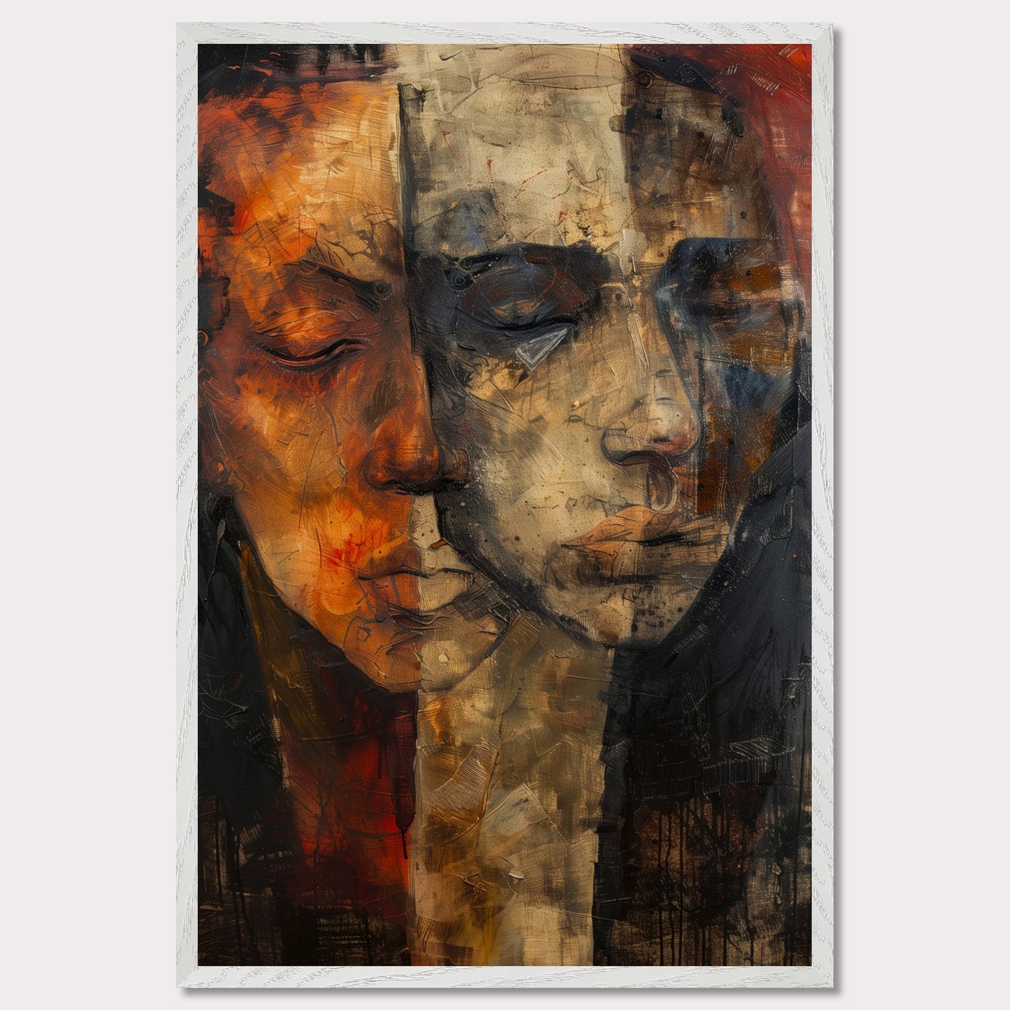 This captivating artwork features two abstract faces, blending seamlessly into one another. The painting is rich in texture and color, with a striking contrast between warm and cool tones. The faces appear to be in deep contemplation, evoking a sense of introspection and connection.