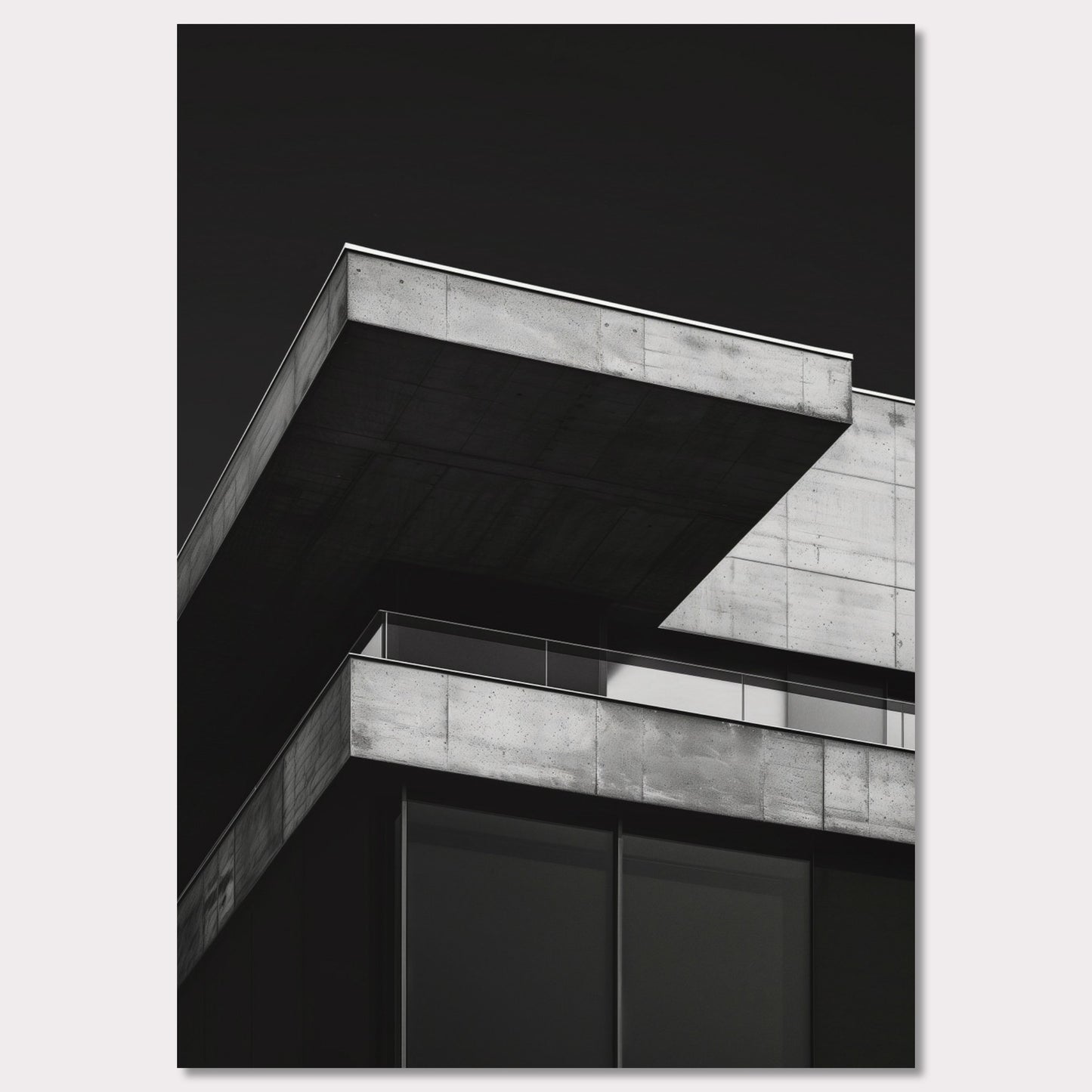 This striking black and white photograph captures the modern architectural lines of a concrete building against a dark background. The image highlights the stark contrast and geometric precision of contemporary design.