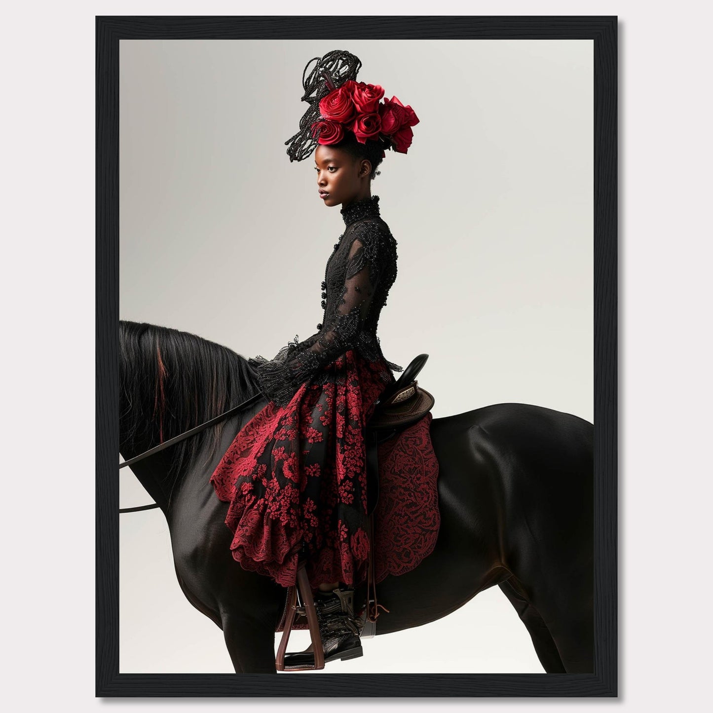 This striking image features a poised woman in an elegant black and red lace dress, adorned with an elaborate headpiece of red roses. She sits gracefully on a majestic black horse, exuding confidence and sophistication.