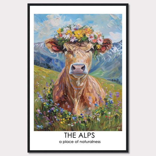 This vibrant artwork depicts a cow adorned with a colorful flower crown, set against the stunning backdrop of the Alps. The painting captures the essence of natural beauty and tranquility.