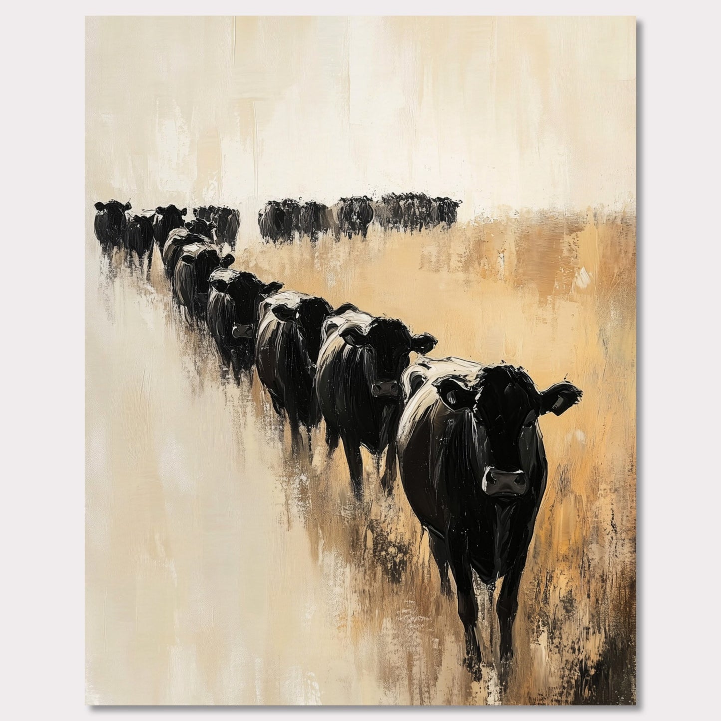 This captivating artwork portrays a herd of black cows walking in a line across a serene, golden field. The abstract brush strokes and muted color palette evoke a sense of calm and tranquility.