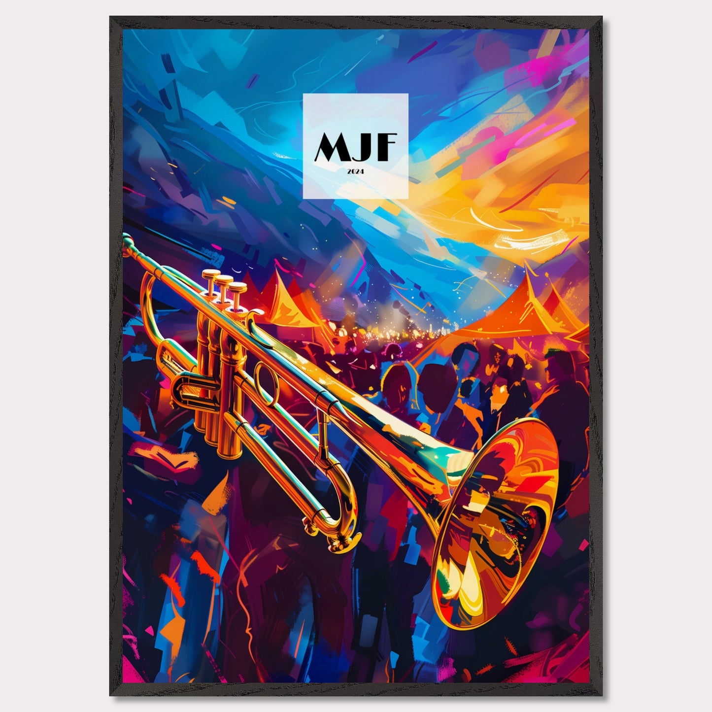 This vibrant poster captures the essence of a lively jazz festival. A gleaming trumpet takes center stage, set against a backdrop of colorful tents and an enthusiastic crowd. The sky is painted with dynamic strokes of blue and orange, adding to the energetic atmosphere.